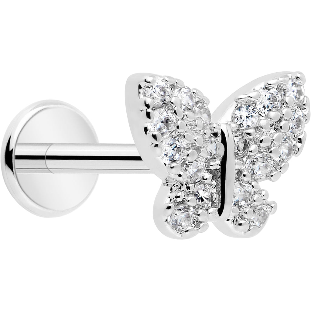 18G 5/16 CZ Gem Butterfly Paved Threadless Push In Labret Tragus