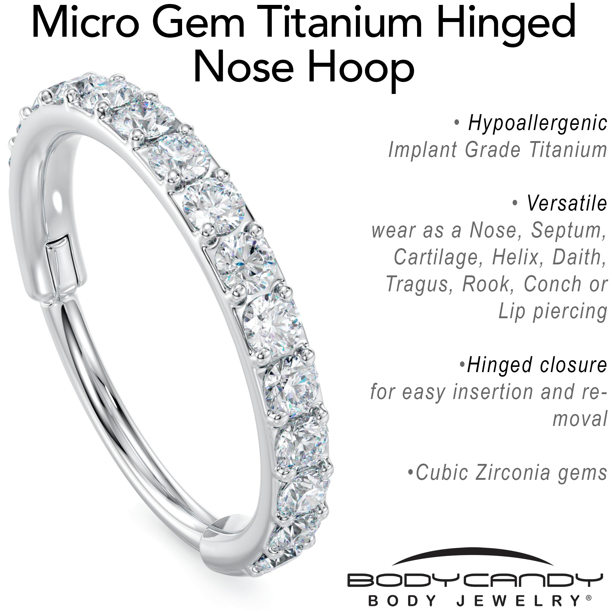 CZ Micro Gem Implant Grade Titanium Hinged Nose Hoop – 20G