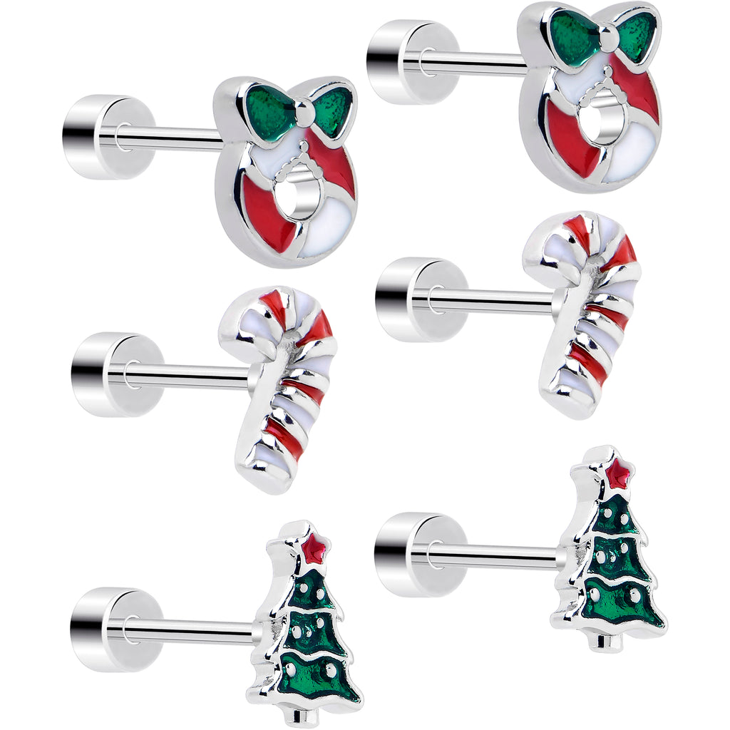 3 Pairs Holiday Tree Ornament Candy Cane Christmas Flat Back Earrings