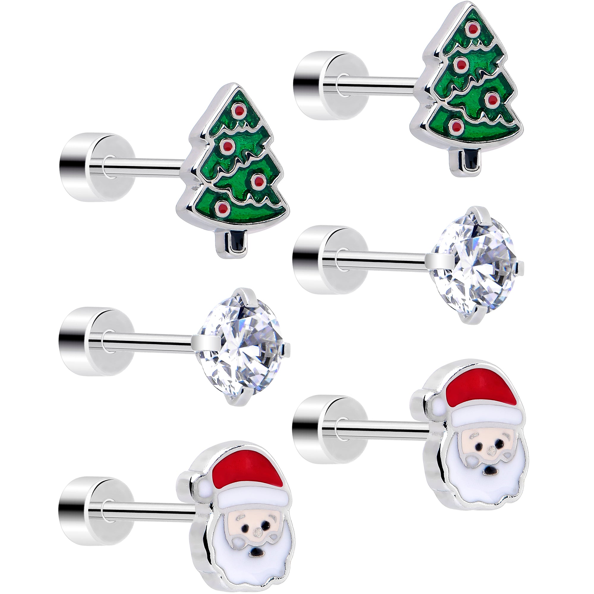 Christmas Flat Back Earrings 3 Pairs Holiday Tree Samta CZ