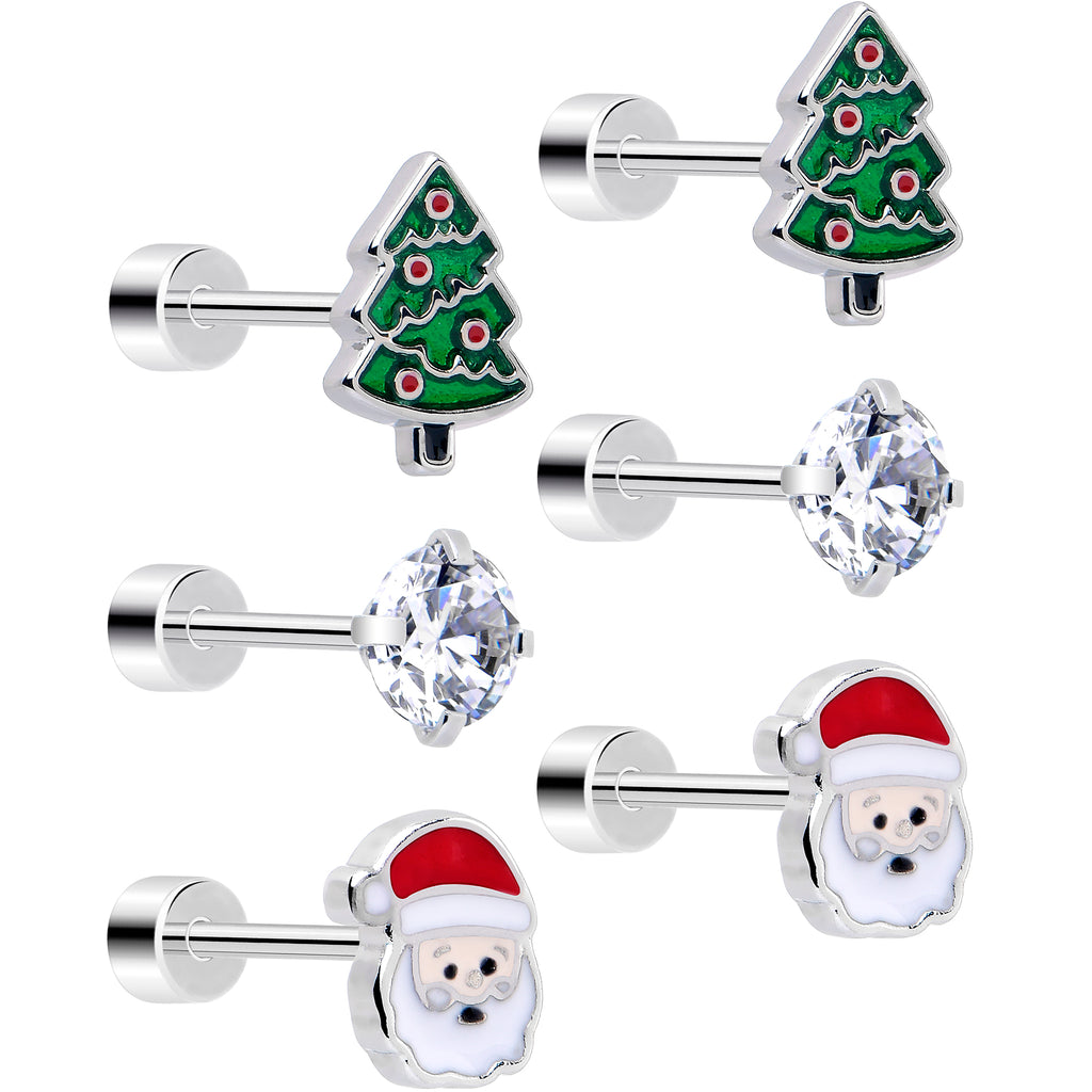 Christmas Flat Back Earrings 3 Pairs Holiday Tree Samta CZ