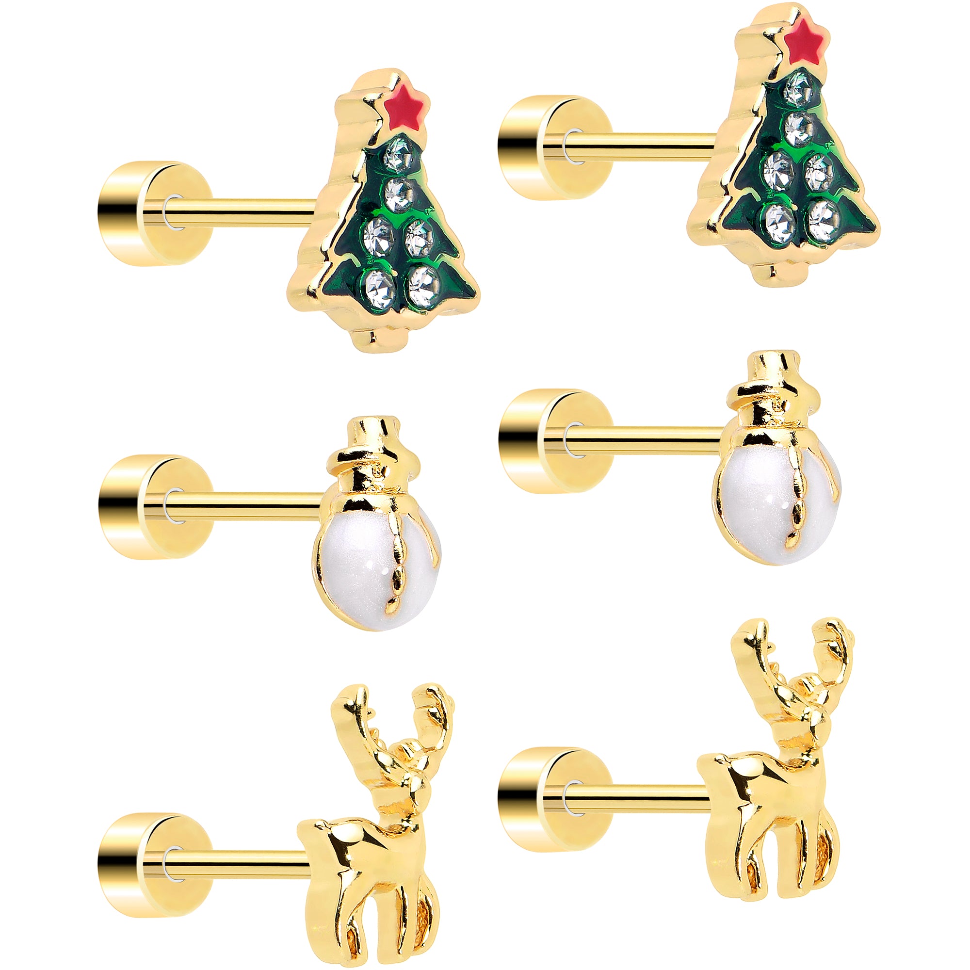Christmas Flat Back Earrings 3 Pairs Holiday Tree Reindeer Snowman