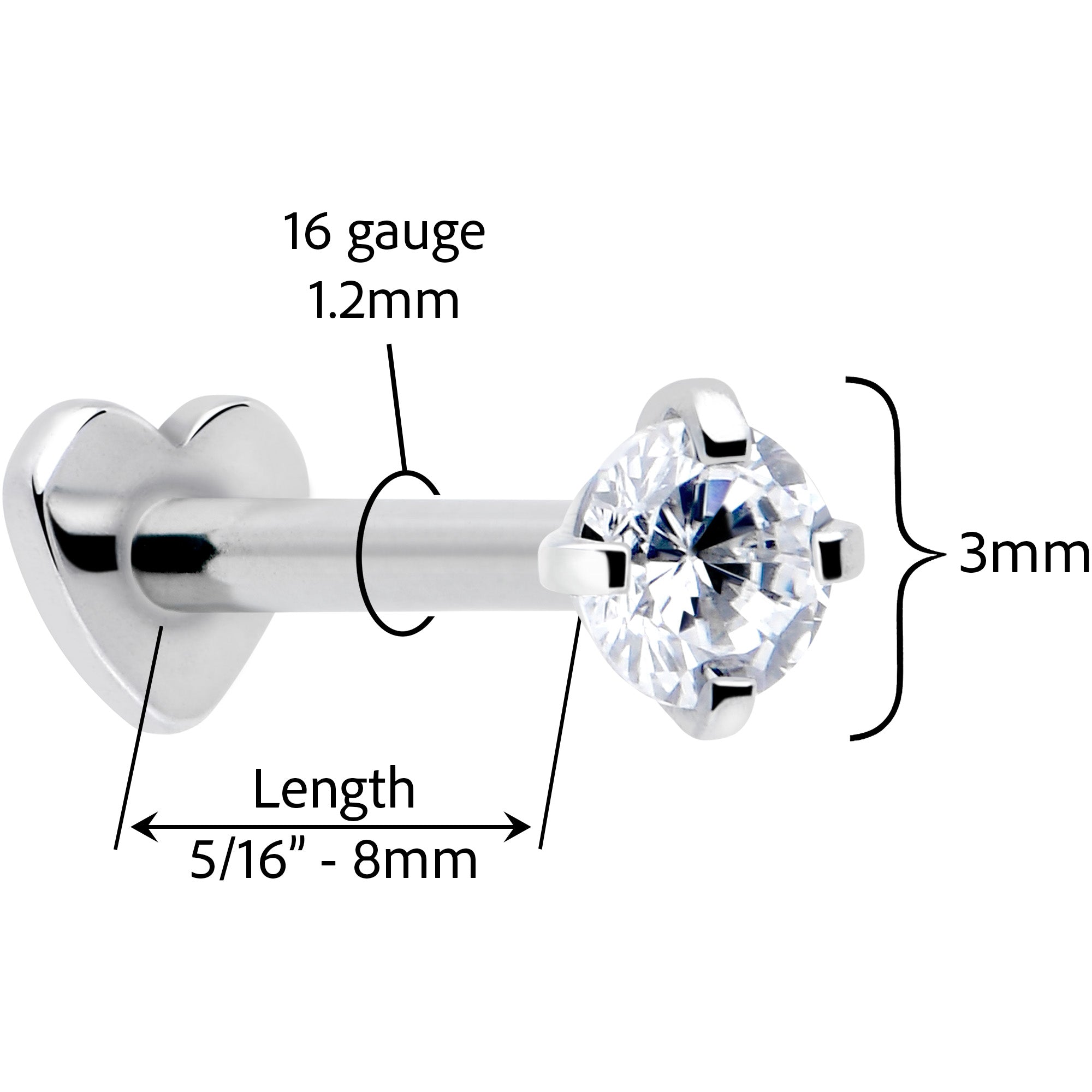 16 Gauge Reversible Titanium Heart CZ Stud
