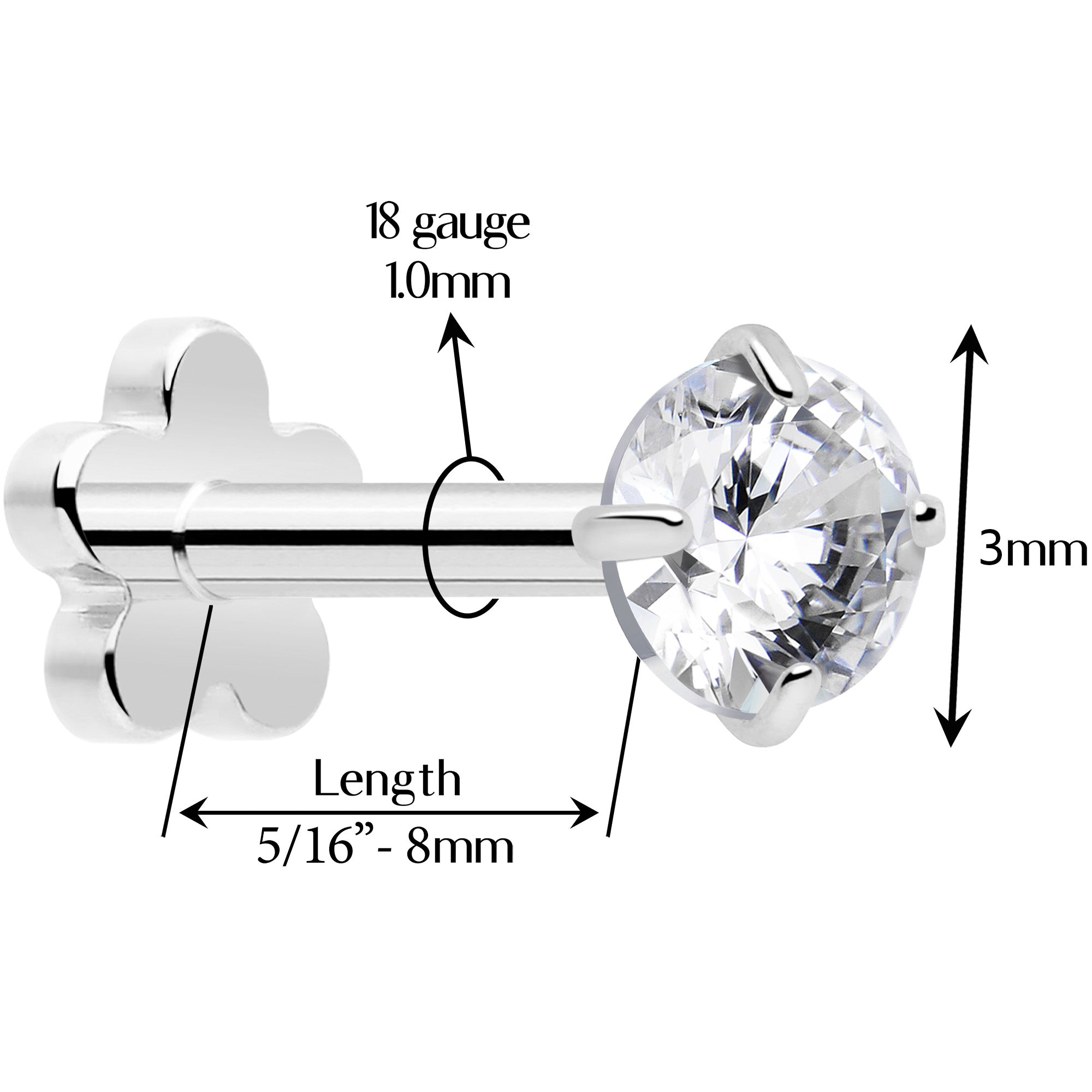 18 Gauge 5/16 Clear CZ Titanium Reversible Threadless Flatback