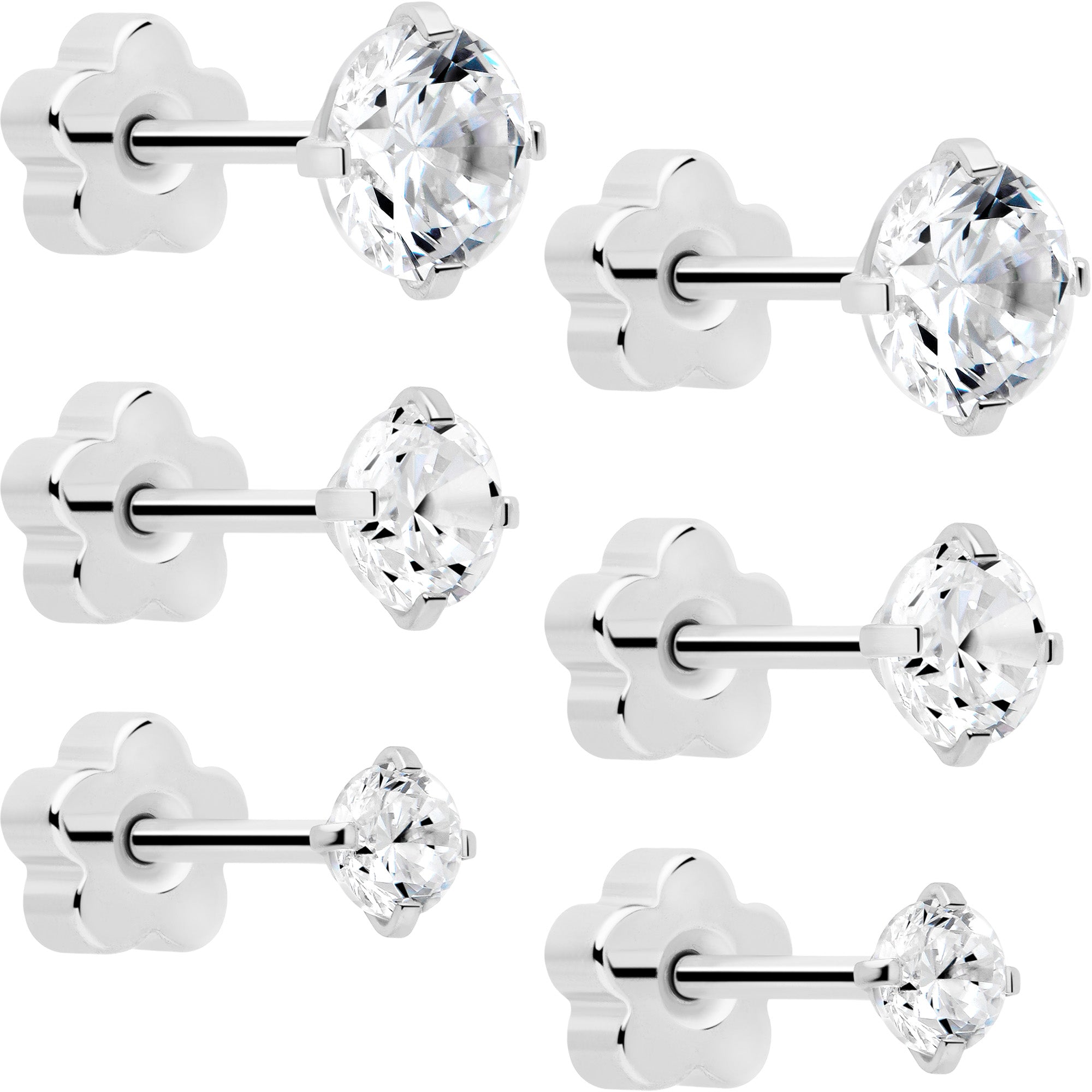 flower flat back earrings reversible 20 gauge clear cz set of 6