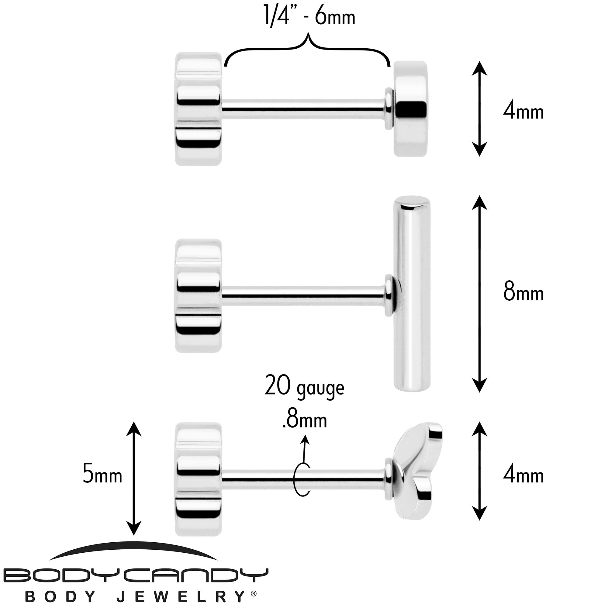 20G Bar Disc Butterfly Reversible Flower Flat Back Earring Set of 6