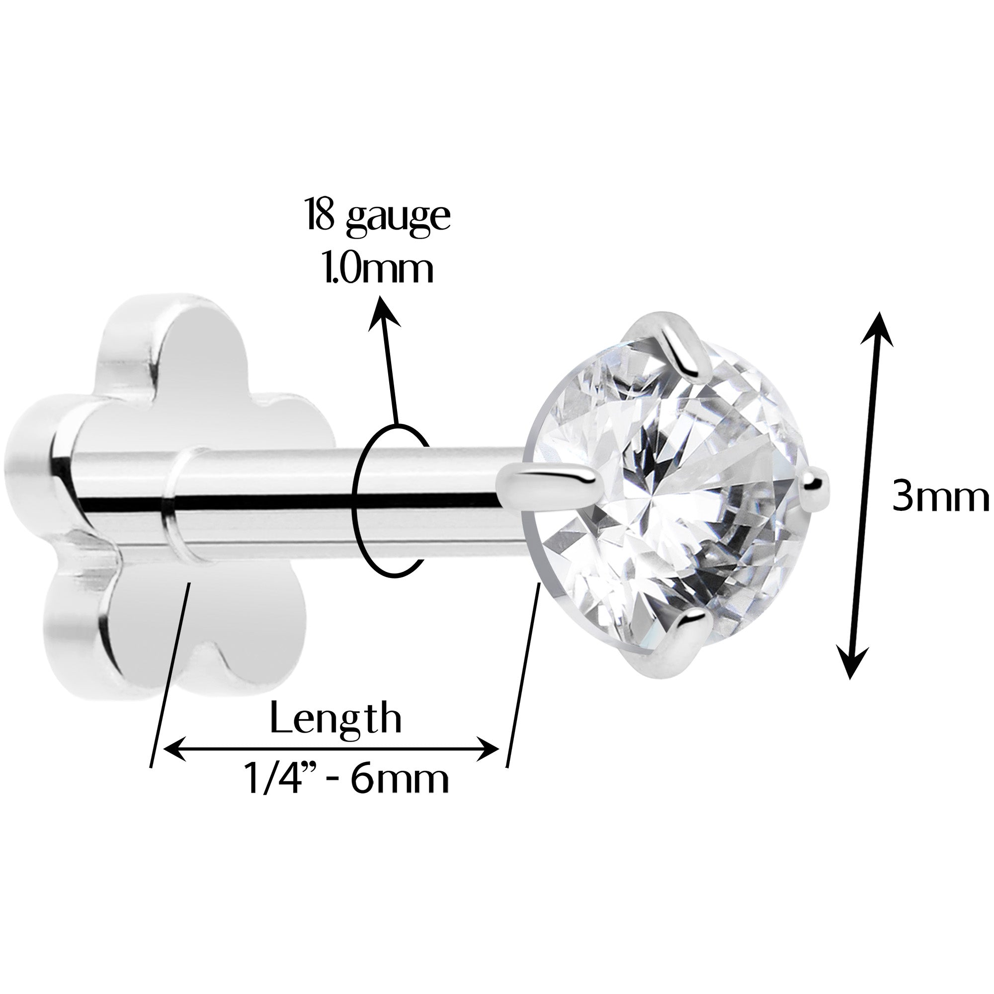 clear gem flower flat back stud implant grade titanium 18G earring
