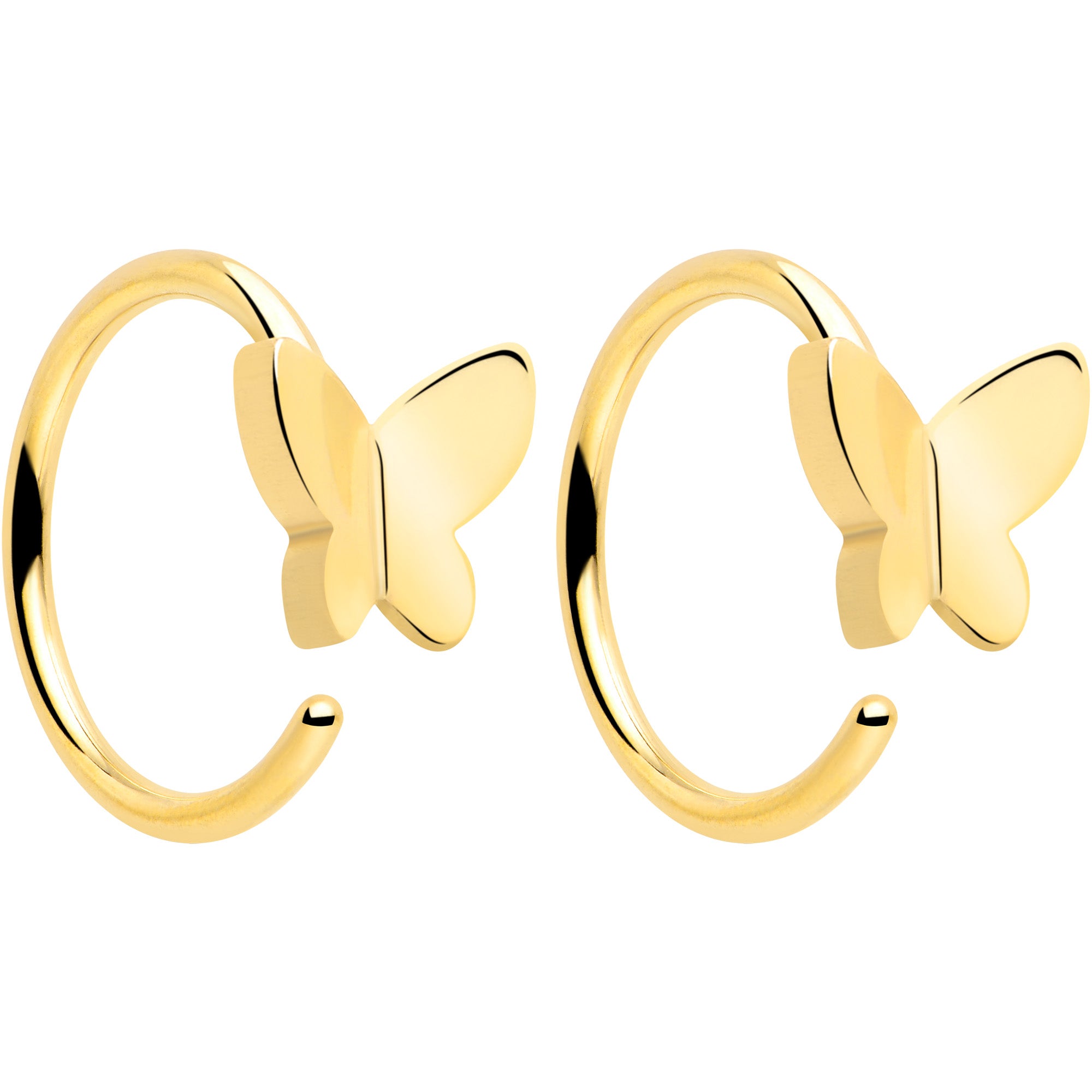 20 gauge gold tone titanium butterfly open hoop earrings