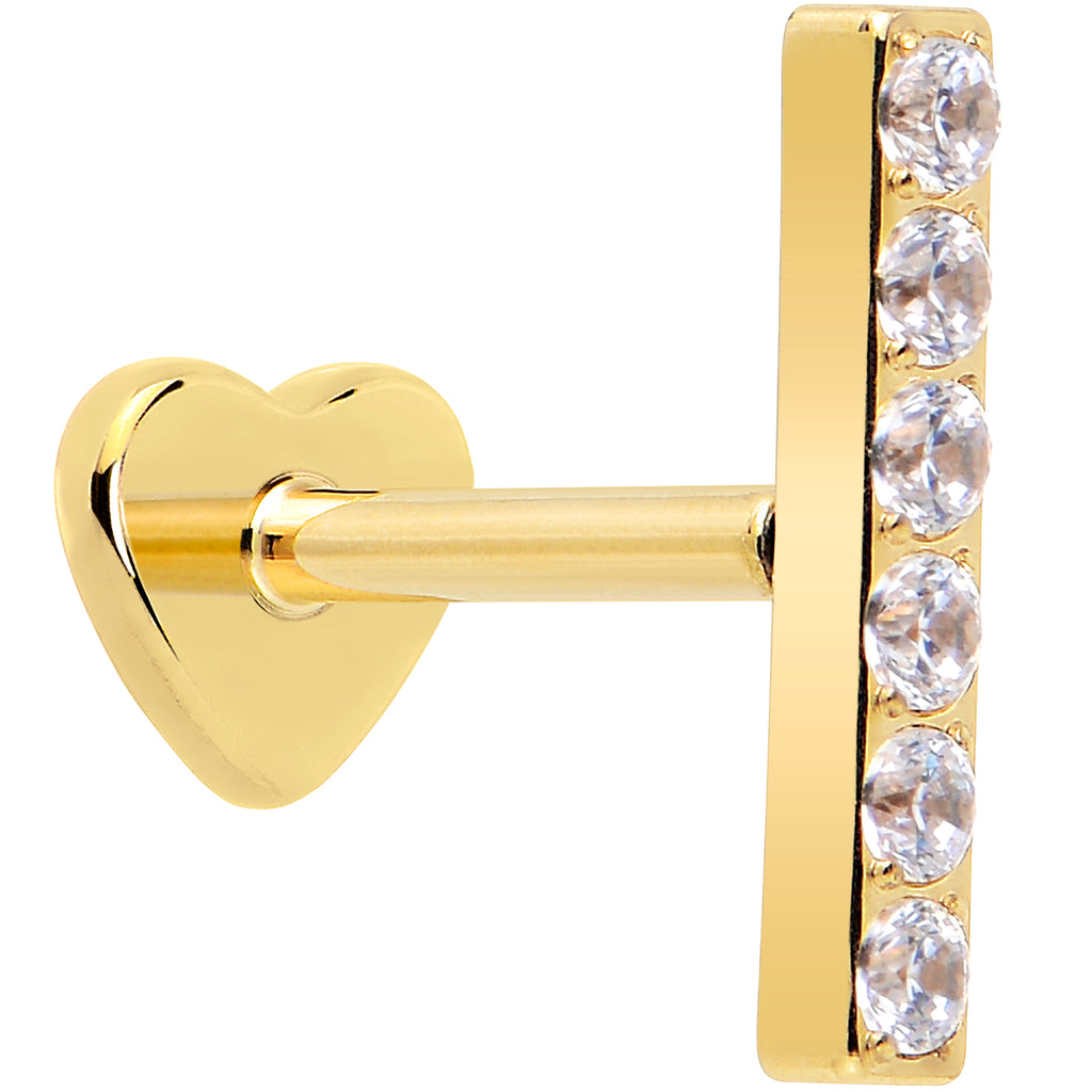 18 Gauge 1/4 Clear Gem Gold Plated Titanium Threadless Bar Flatback Stud