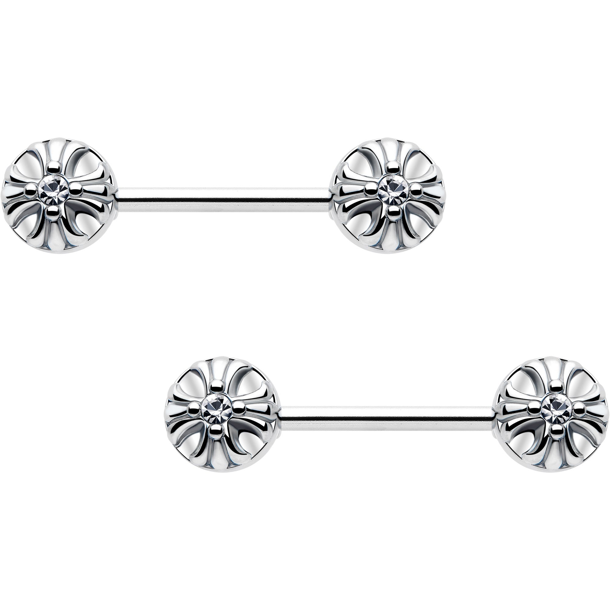 14 gauge flower nipple ring set with clear cz gem