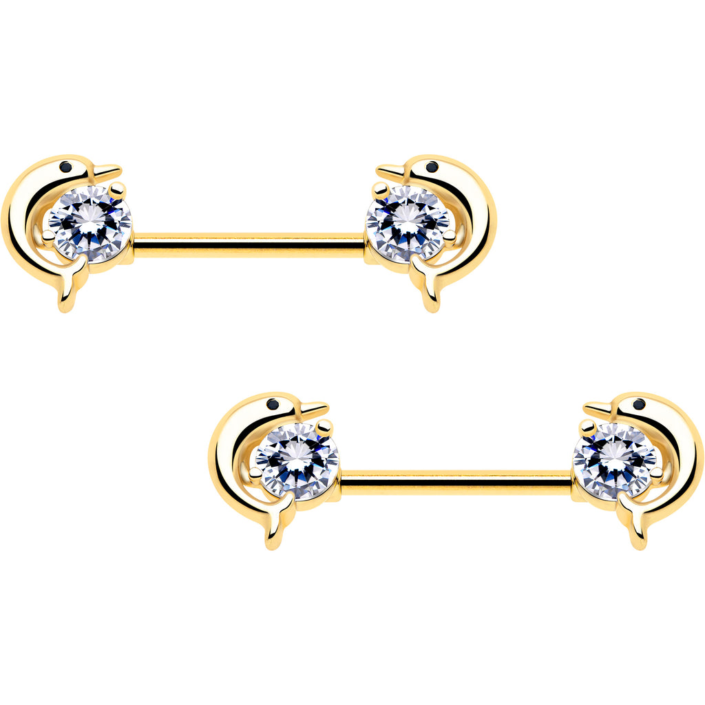 14g gold tone dolphin nipple ring set with clear cz gems