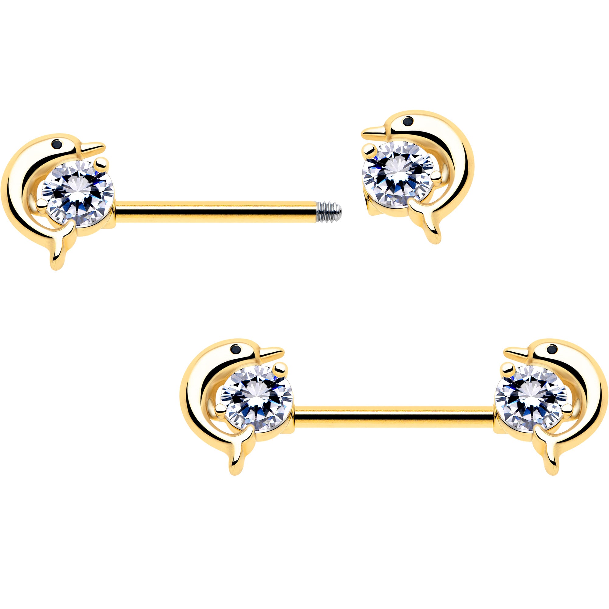 clear cz dolphin glam barbell nipple rings gold tone