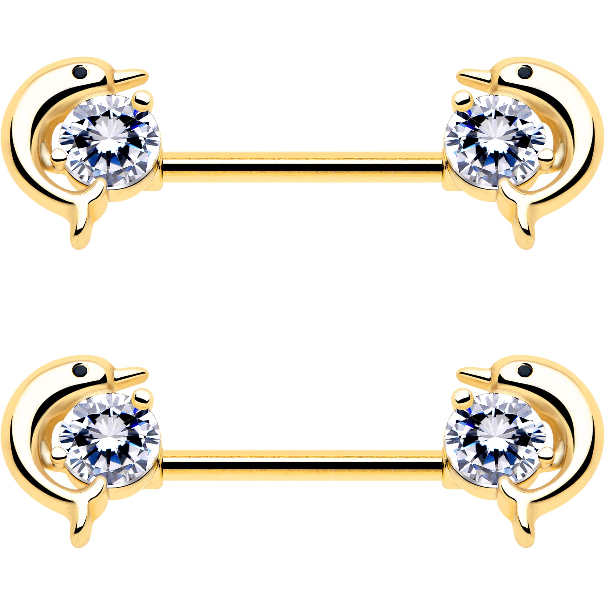 gold tone dolphin nipple rings with sparkling clear cz