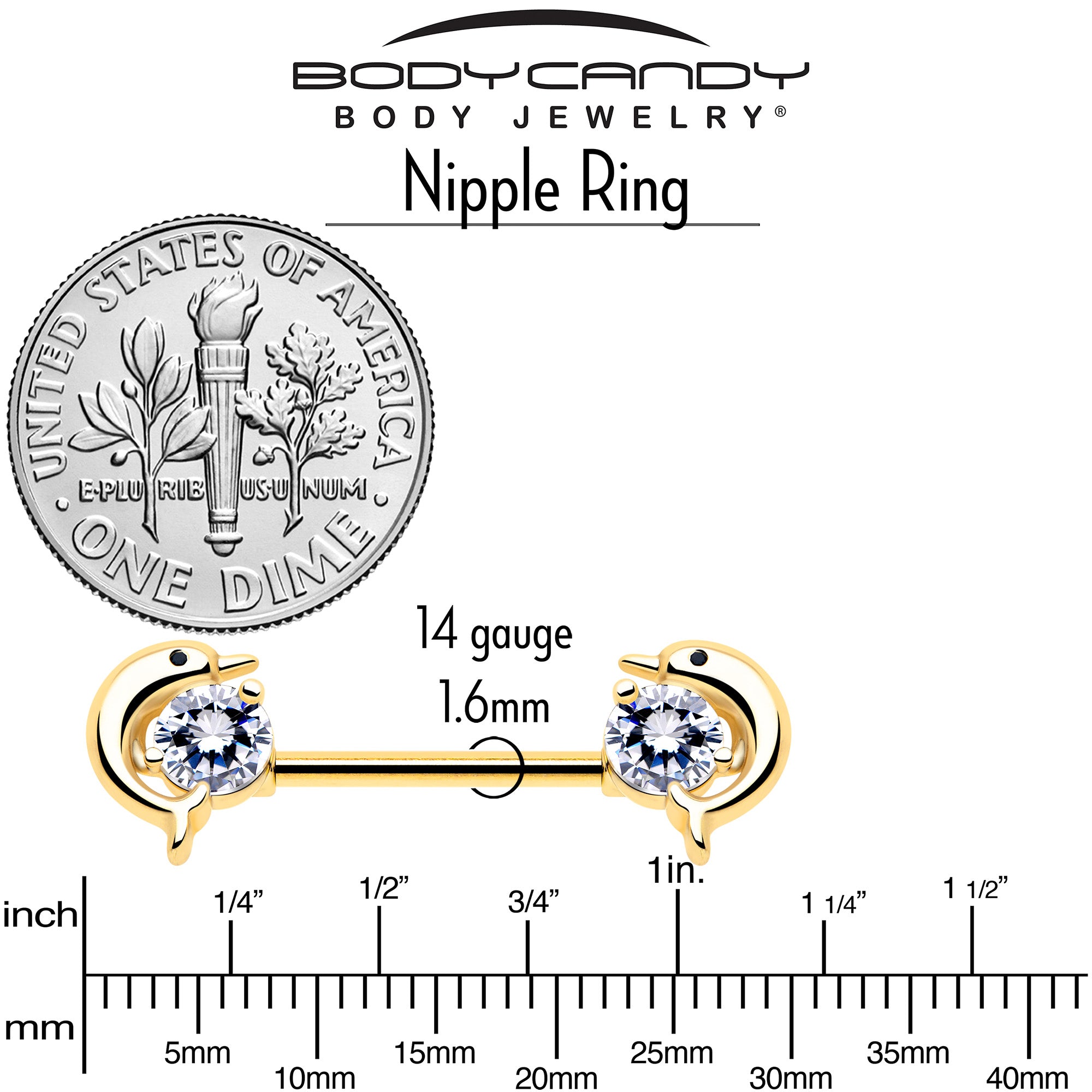 14G 9/16 Clear CZ Gem Gold Tone Dolphin Glam Barbell Nipple Ring Set
