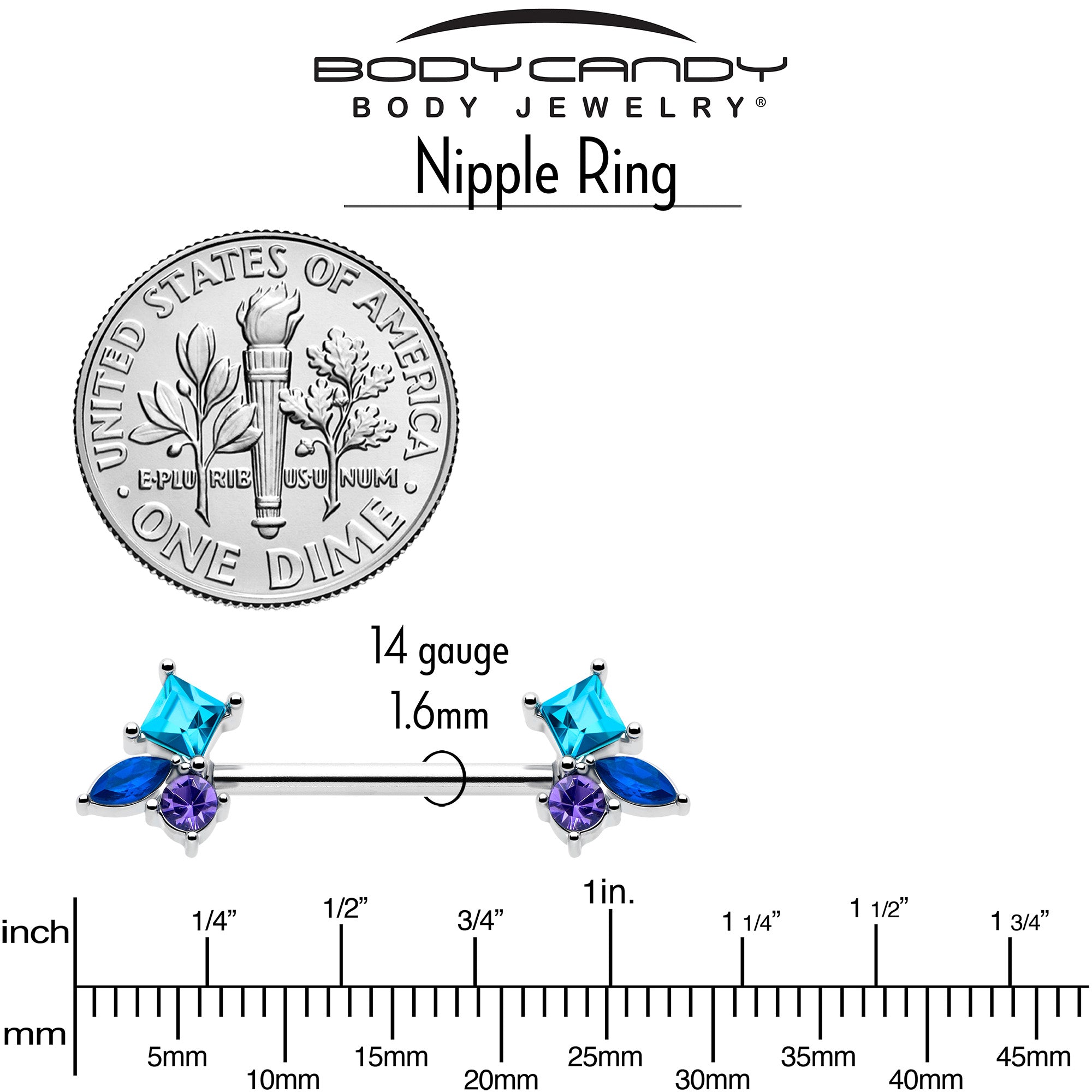 14G 9/16 Blue Purple CZ Gem All The Blues Barbell Nipple Ring Set