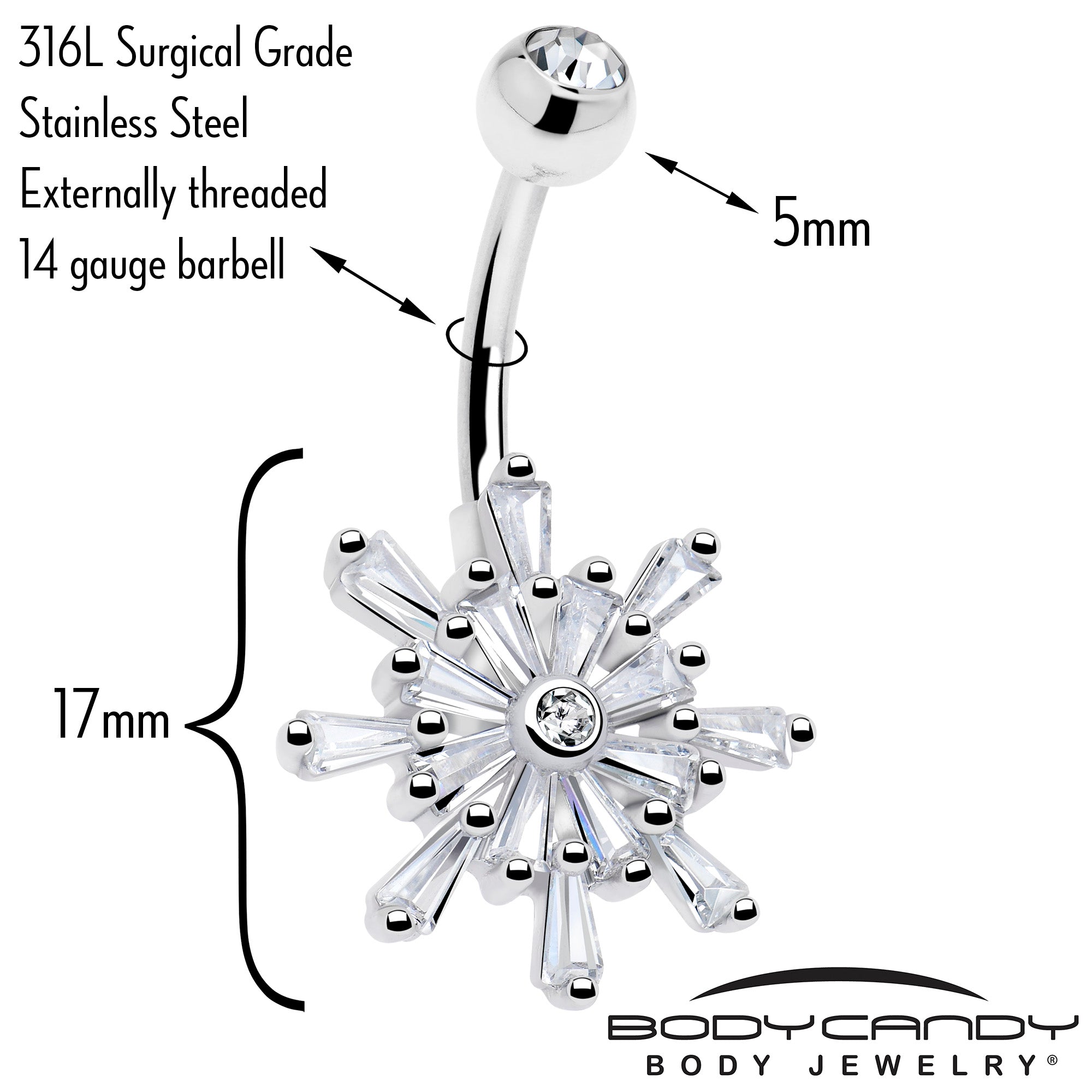 Sparkling snowflake navel ring with clear crystal