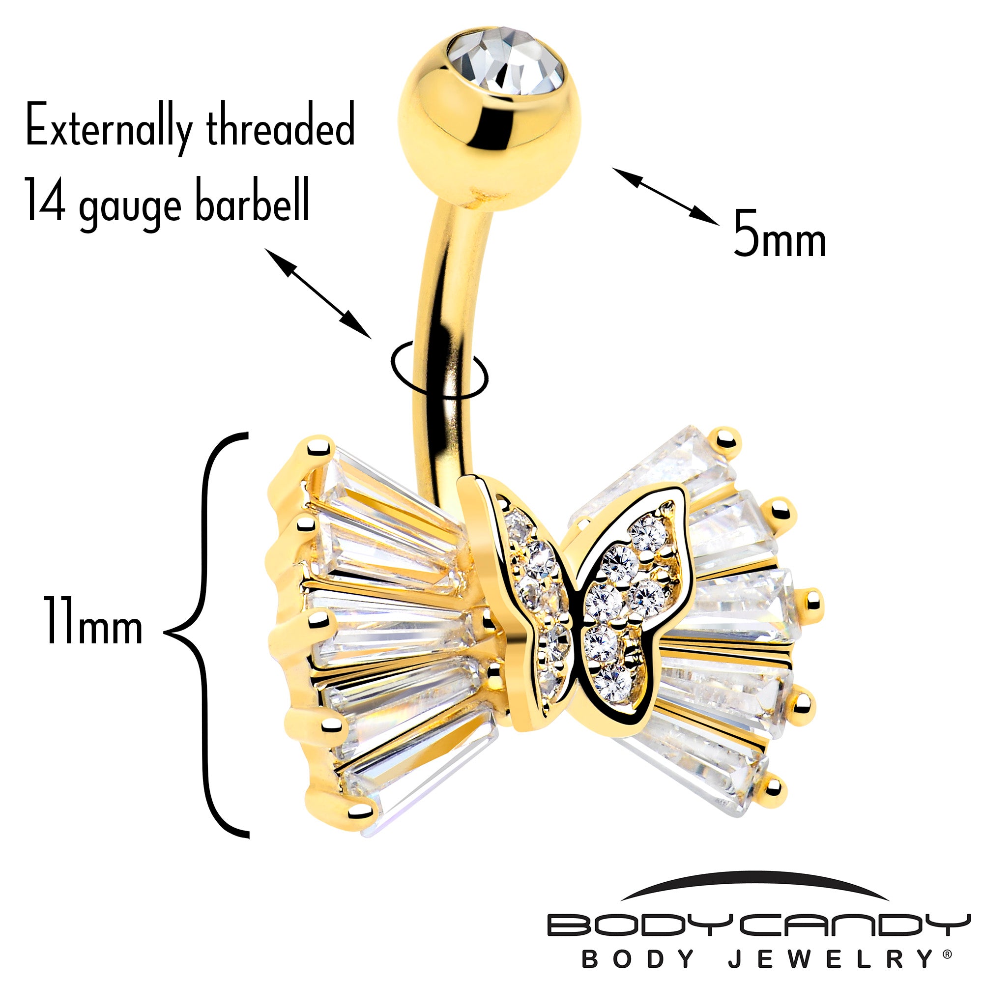 14k gold plated butterfly belly button ring with CZ