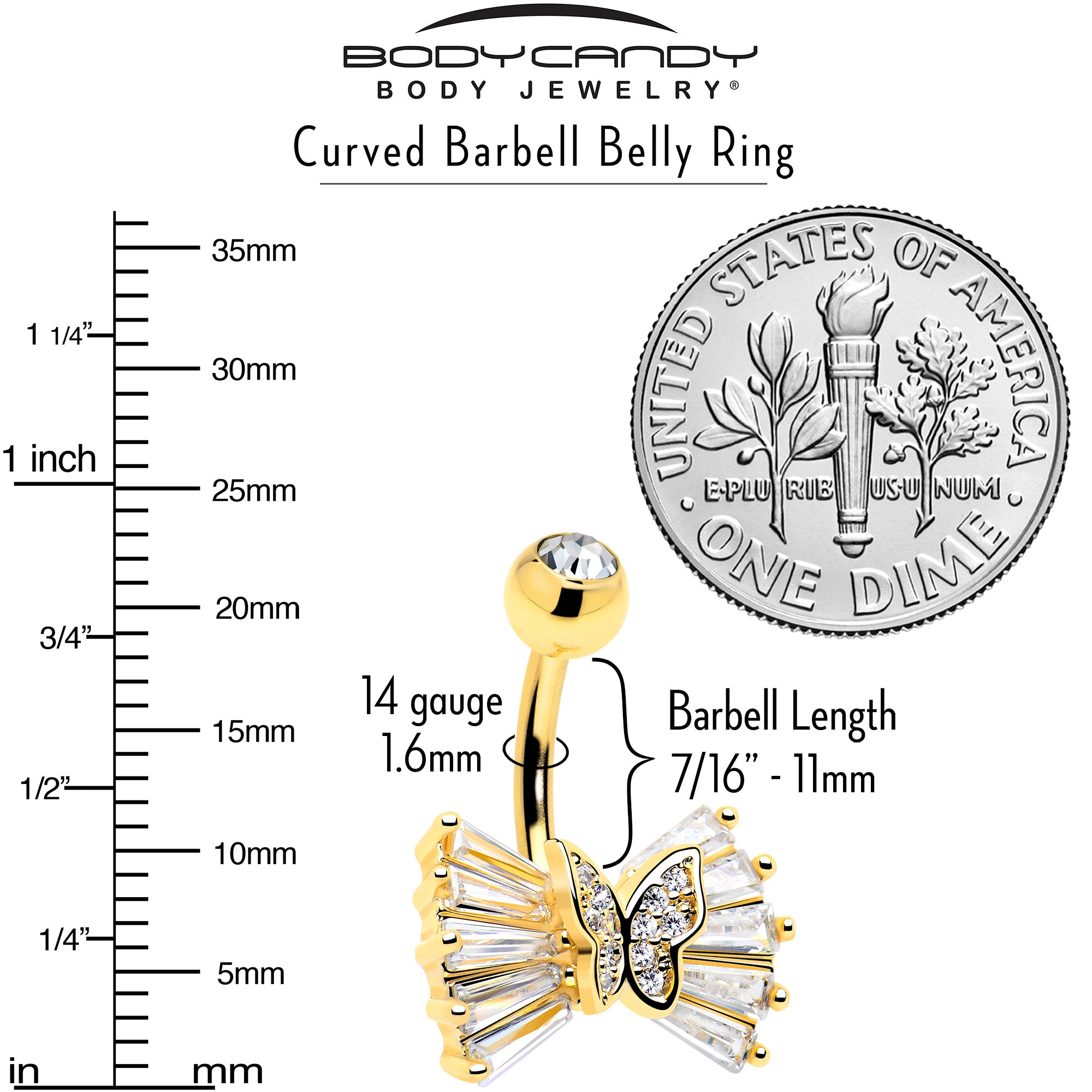 Sparkling clear cubic zirconia butterfly navel ring