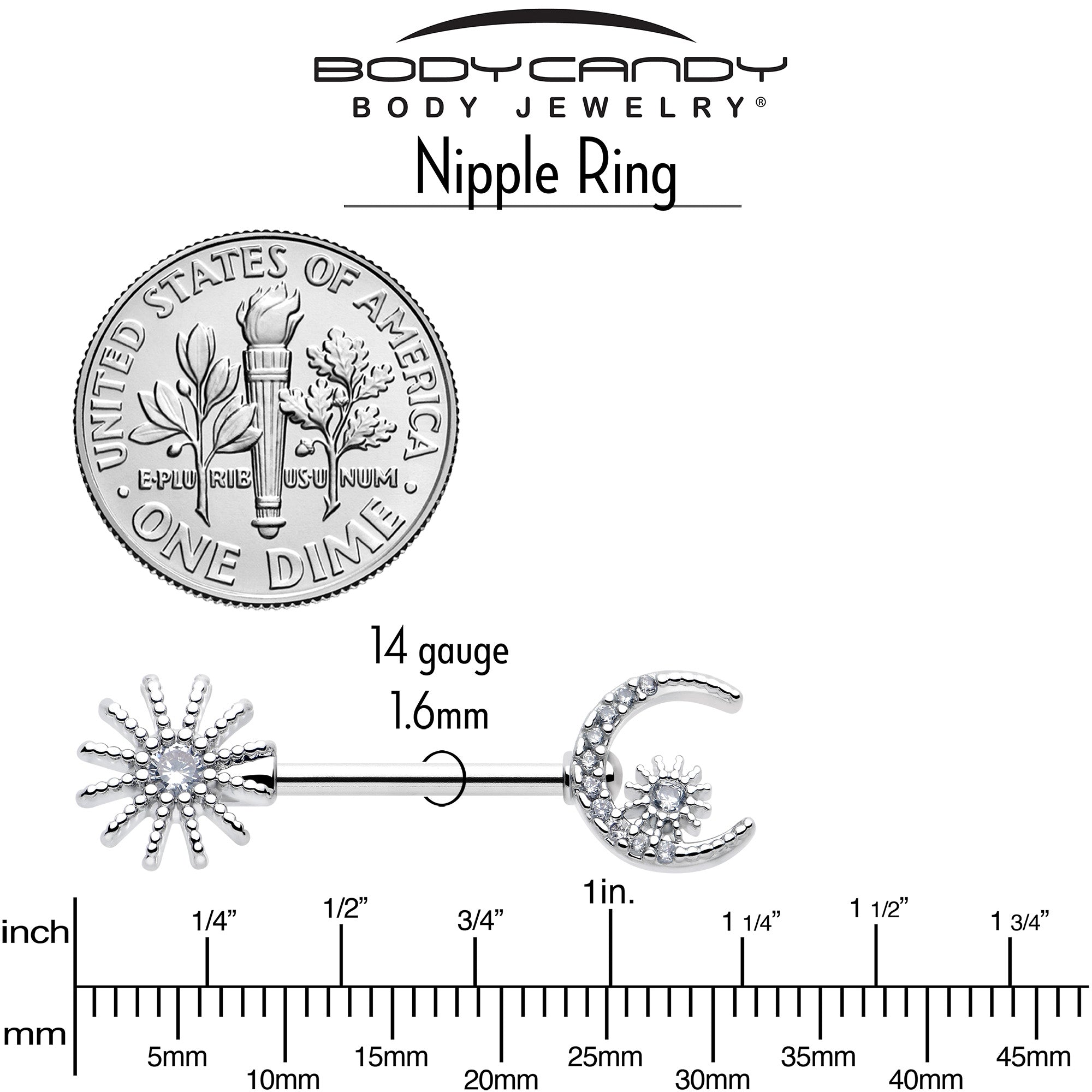 14G 9/16 Clear CZ Gem Day And Night Barbell Nipple Ring Set