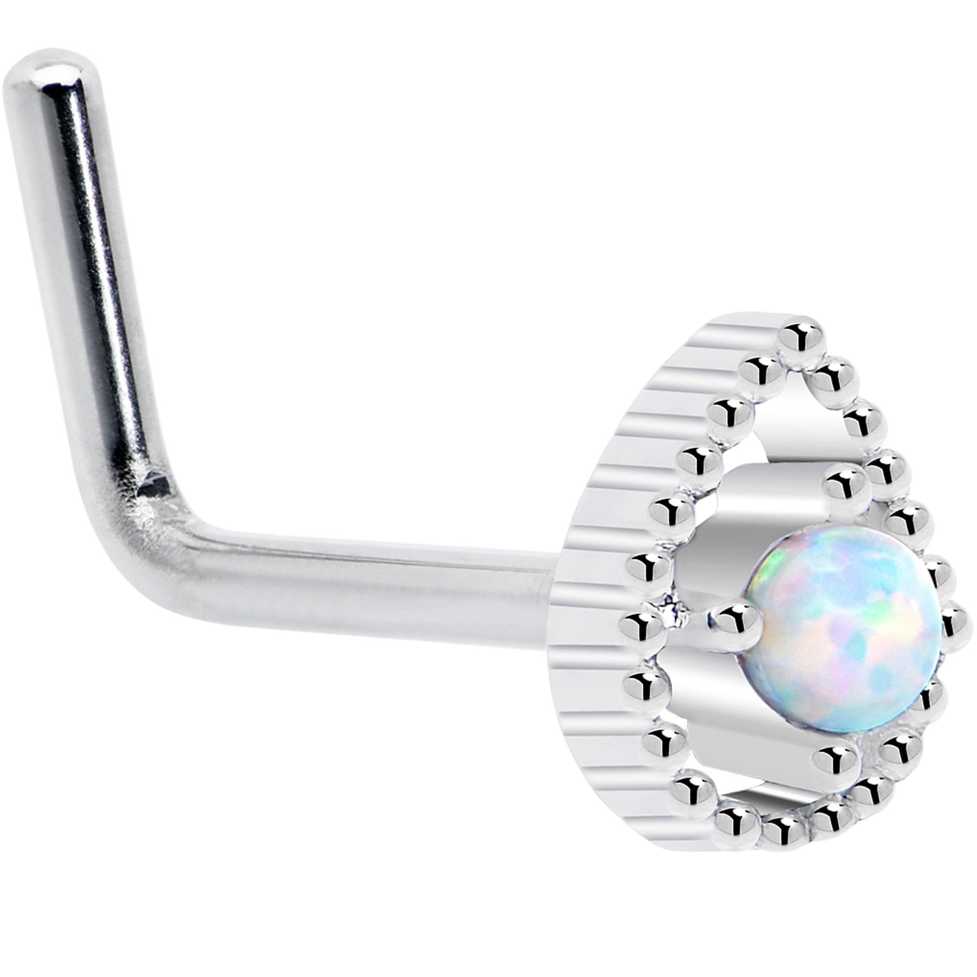 20G white synthetic opal teardrop L shape nose ring