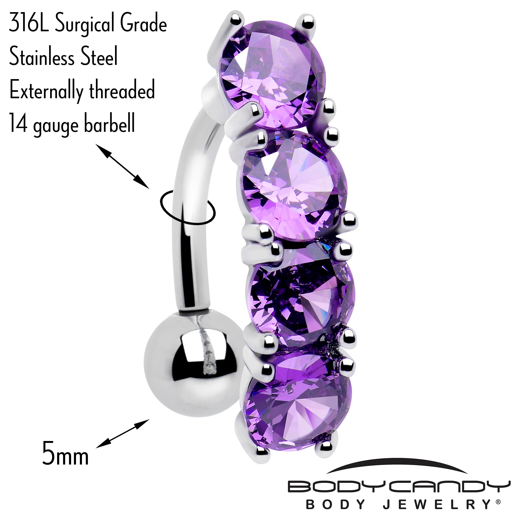 Top mount belly button ring with purple CZ stones
