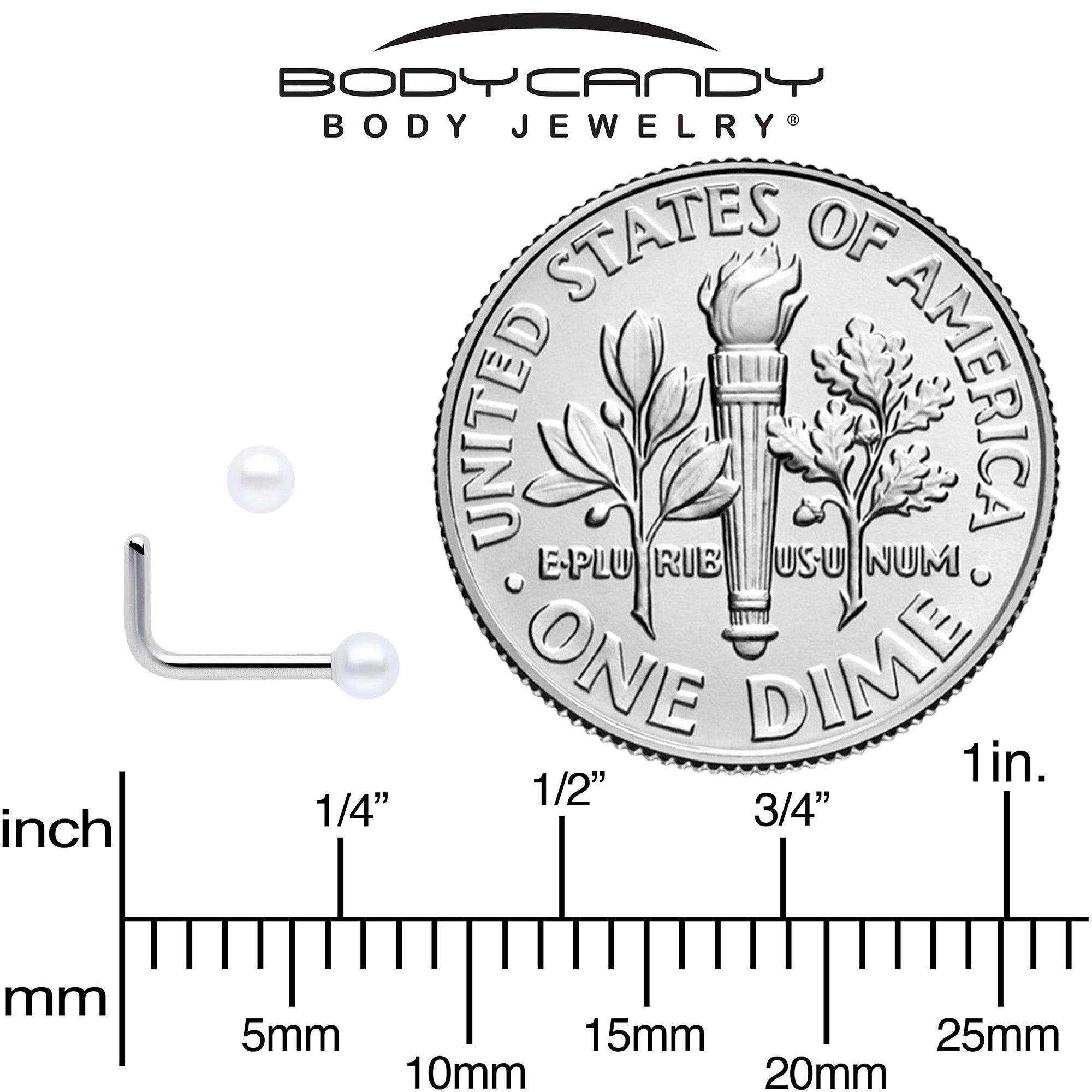 20G 1/4 White Faux Pearl Simple Stunner L Shape Nose Ring