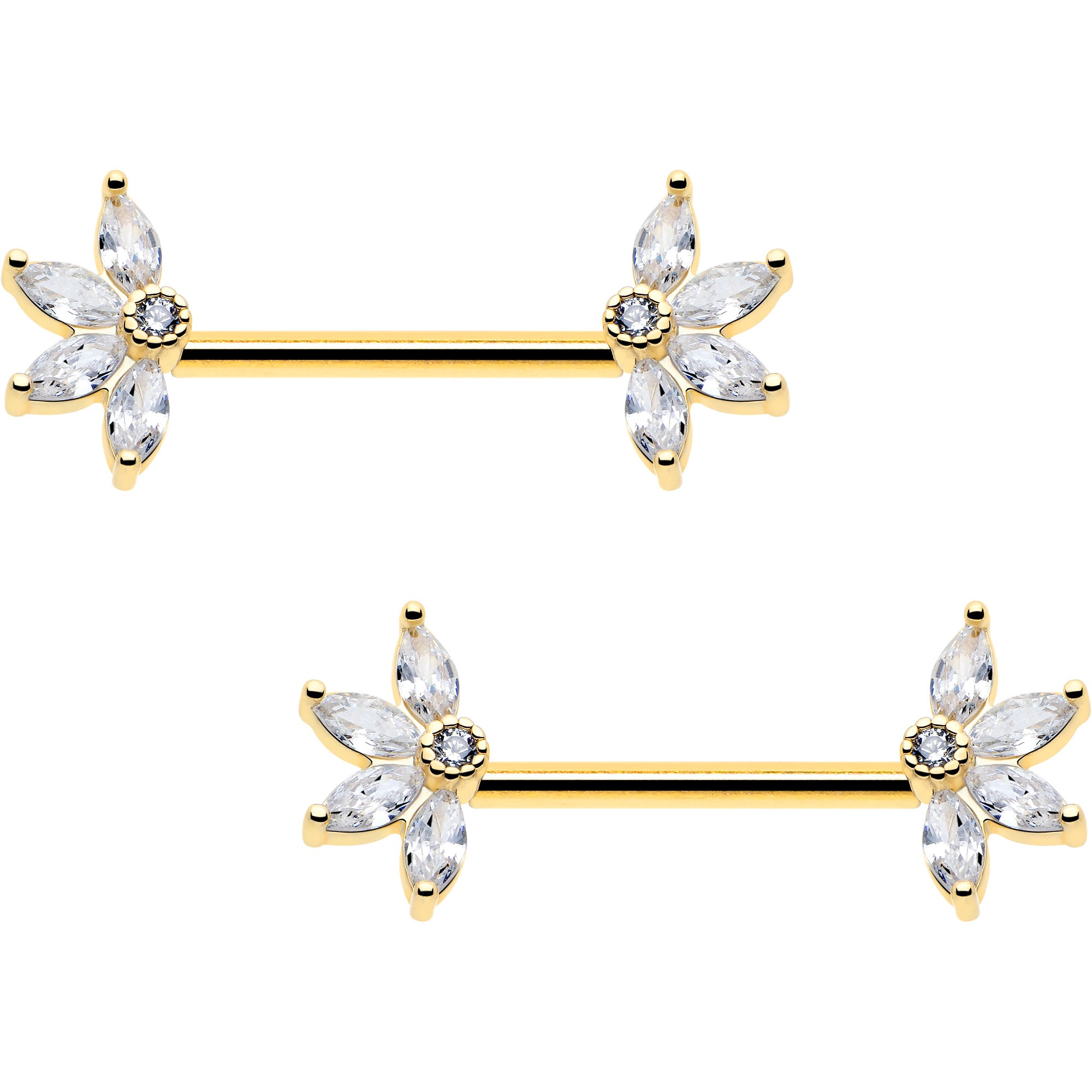 14G gold tone threadless floral nipple ring with clear cz gem