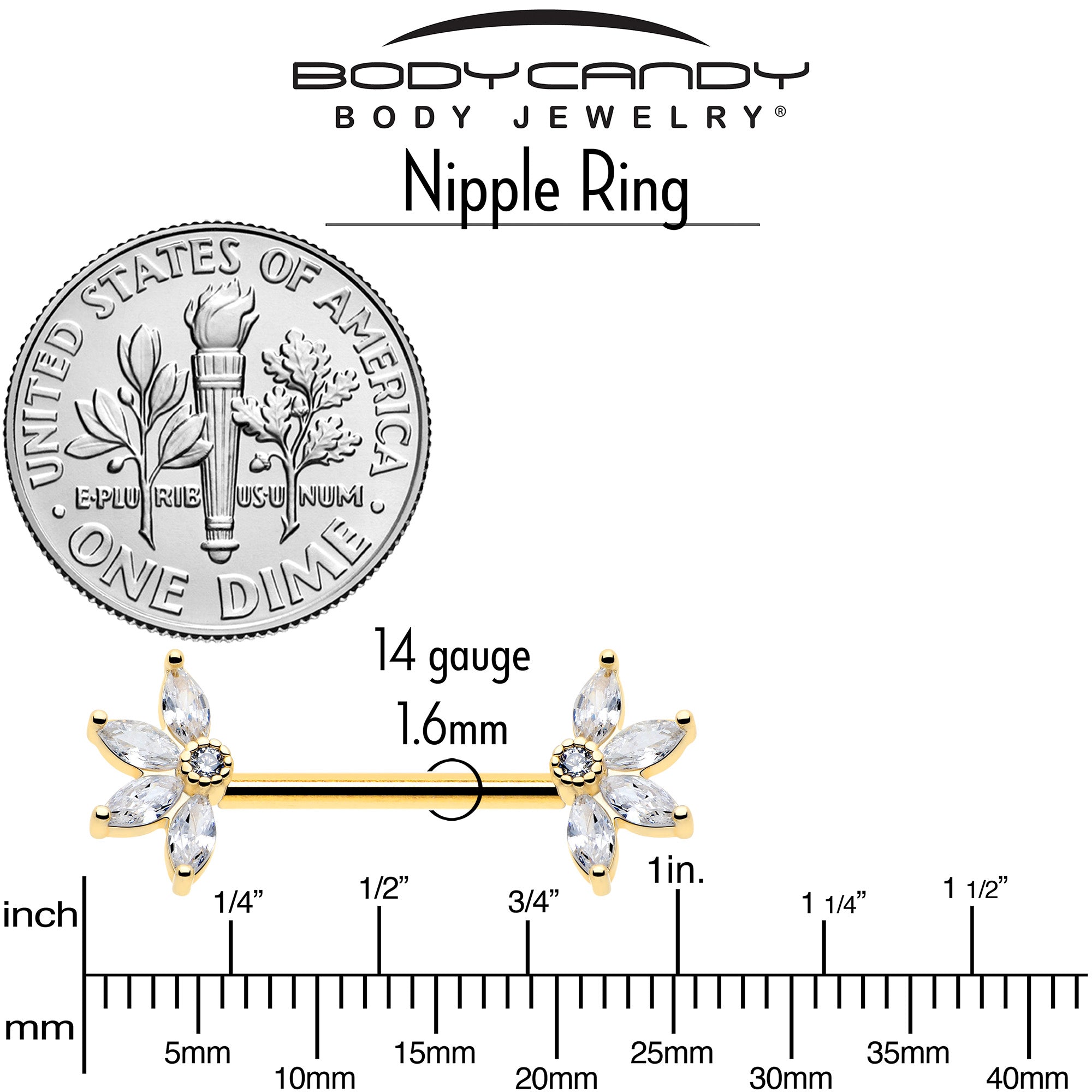 14G 9/16 Clear CZ Gem Gold Tone Threadless Floral Barbell Nipple Ring Set