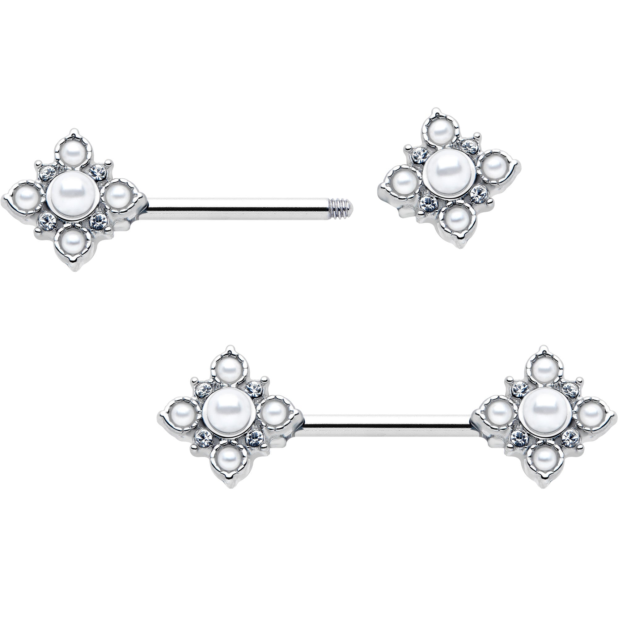 14 gauge nipple ring set with clear gem and faux pearl