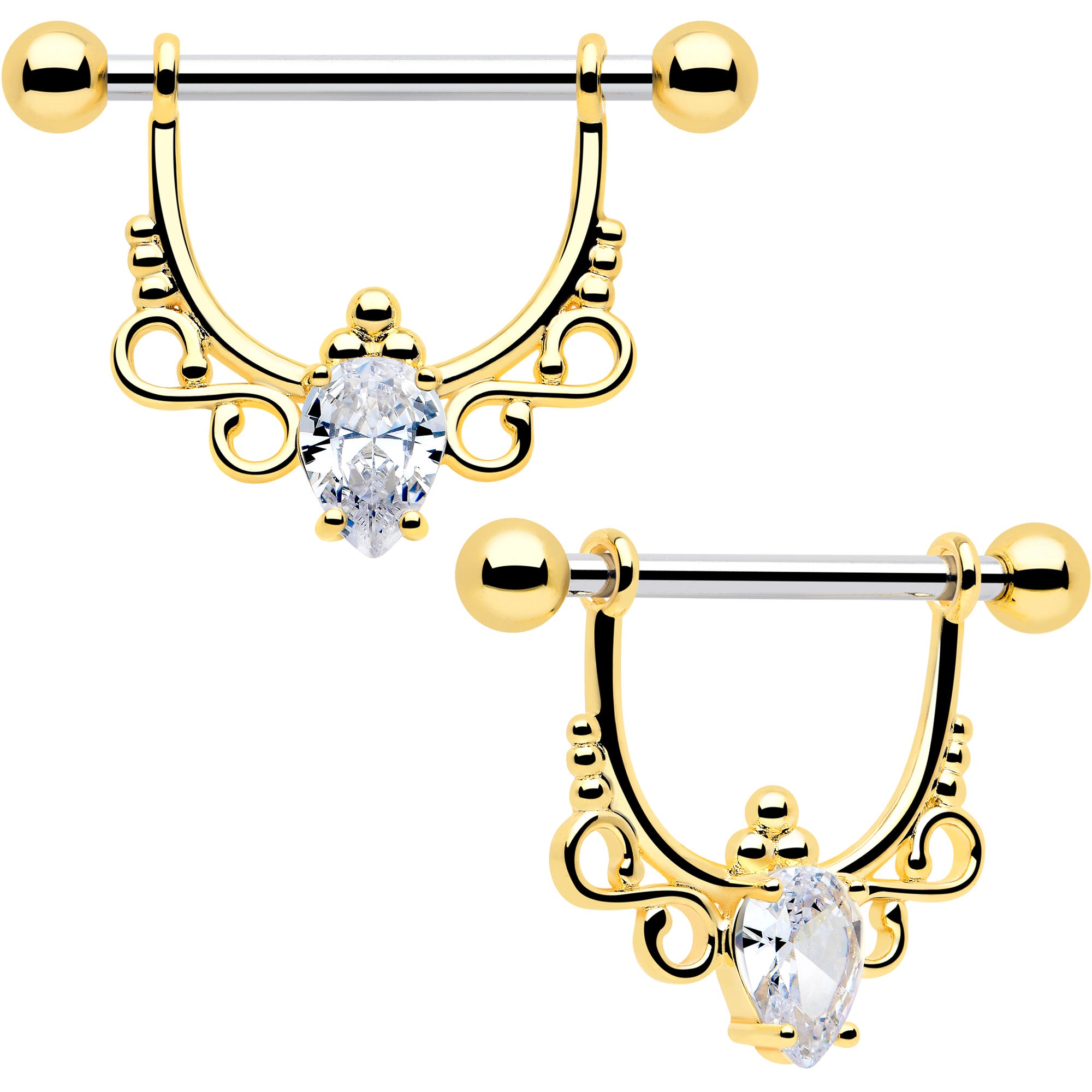 14g clear cz gem golden infinity sign dangle nipple ring set
