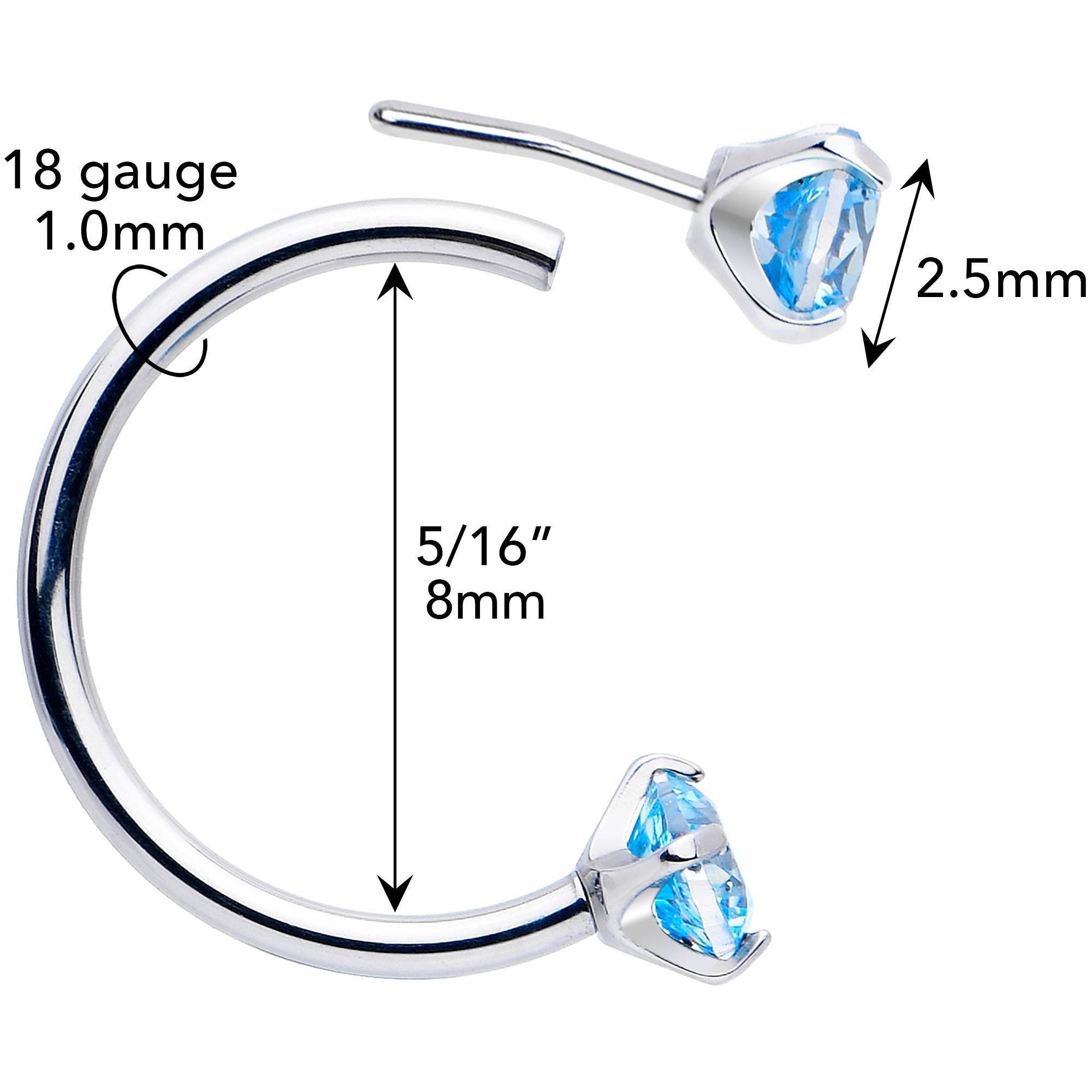 Double Gem Titanium Horseshoe Nose Ring -  Push In Threadless Titanium CZ Horseshoe Nose Hoop