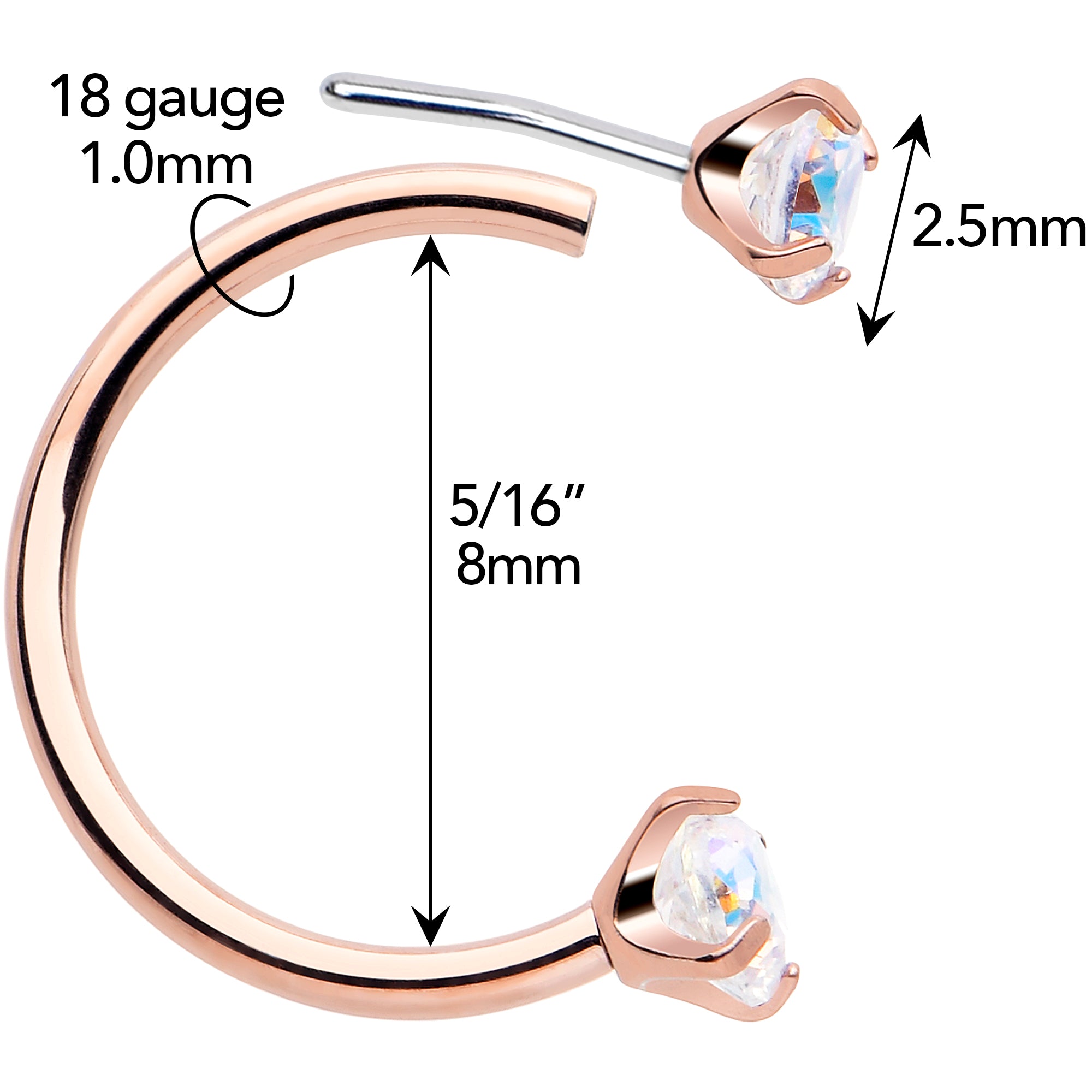 Double Gem Titanium Horseshoe Nose Ring -  Push In Threadless Titanium CZ Horseshoe Nose Hoop