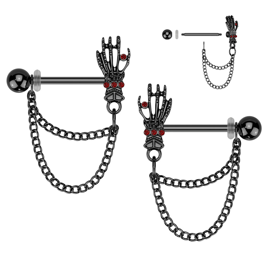 red cz gem skeleton hand nipple ring set