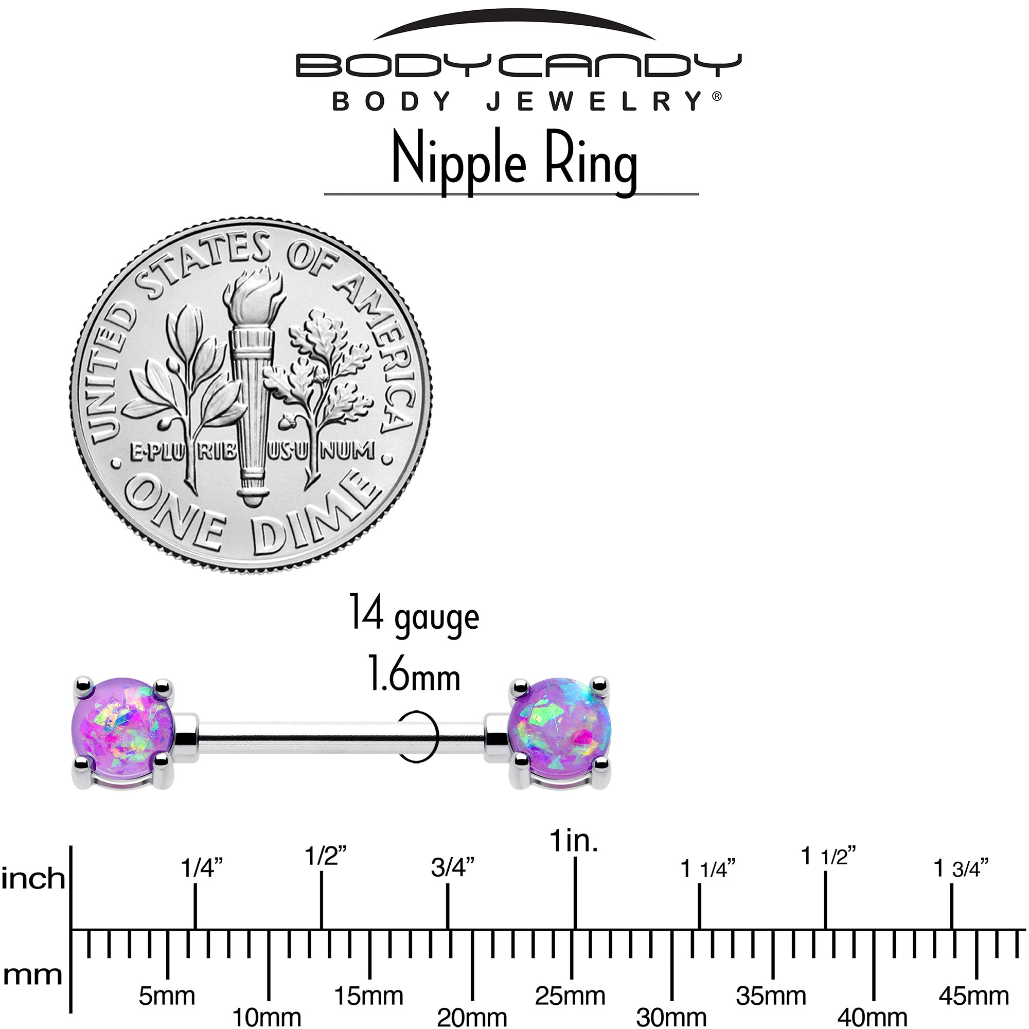 Nipple ring set purple opal 14g barbell