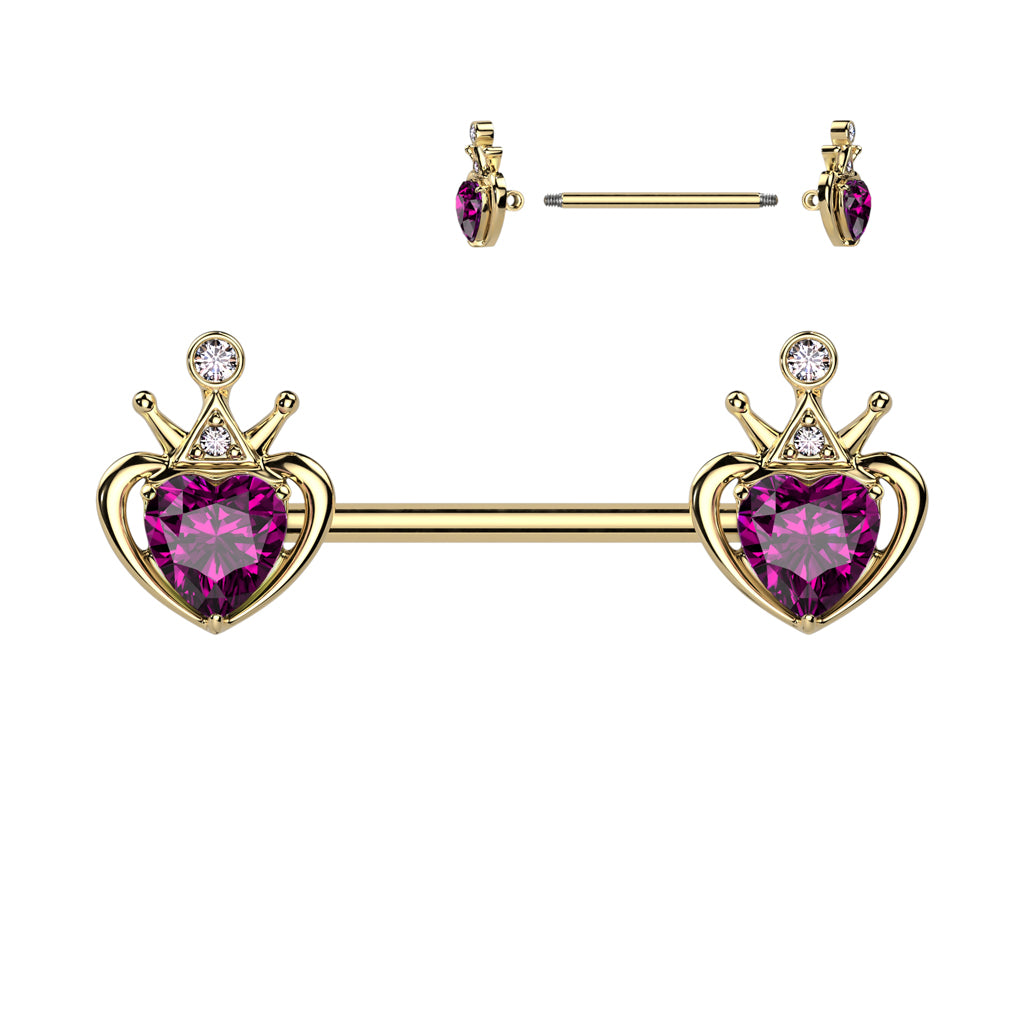 pink gem crowned heart nipple ring set