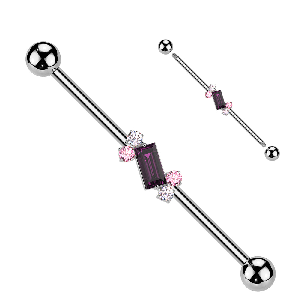 14 gauge industrial barbell with purple pink square cz gems