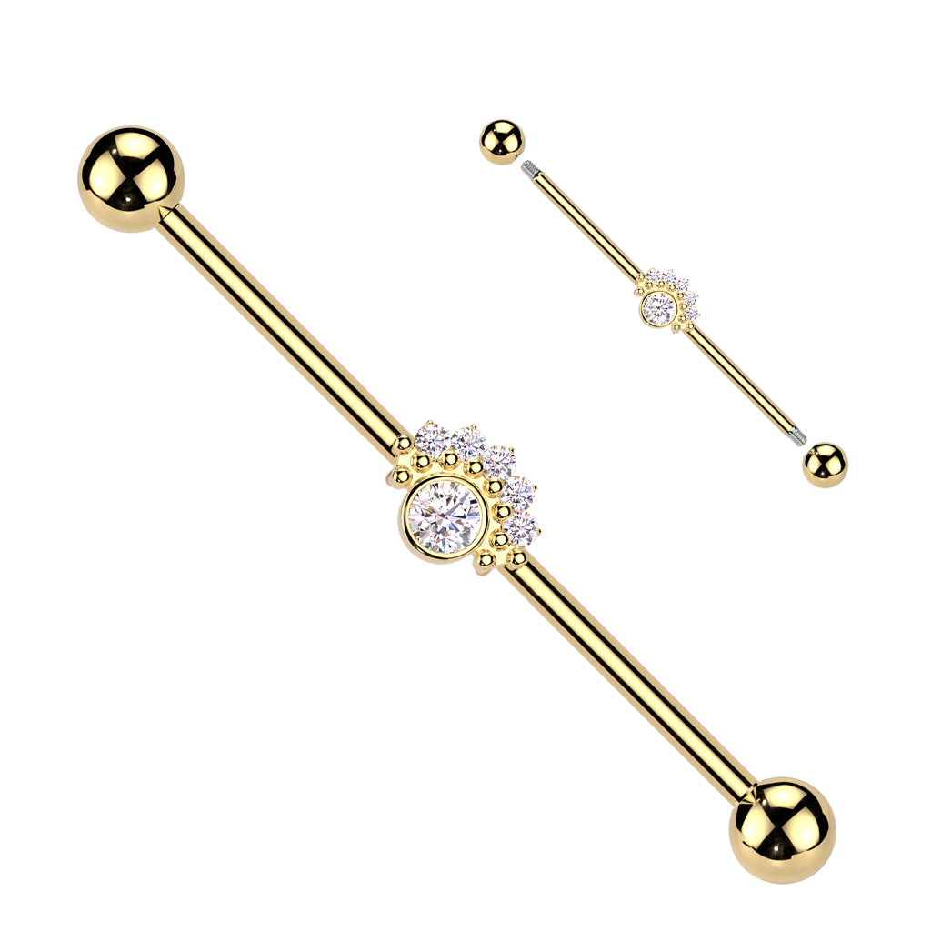 14g gold tone industrial barbell with clear cz gem