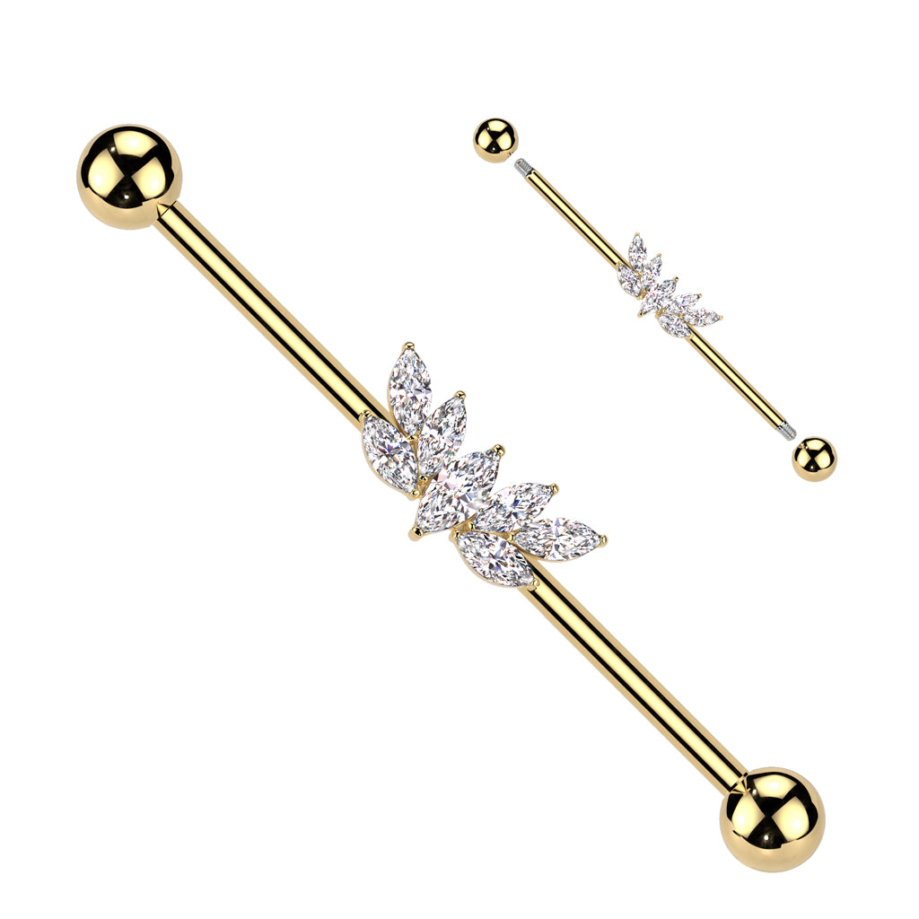 14g gold tone industrial barbell with clear cz fan design