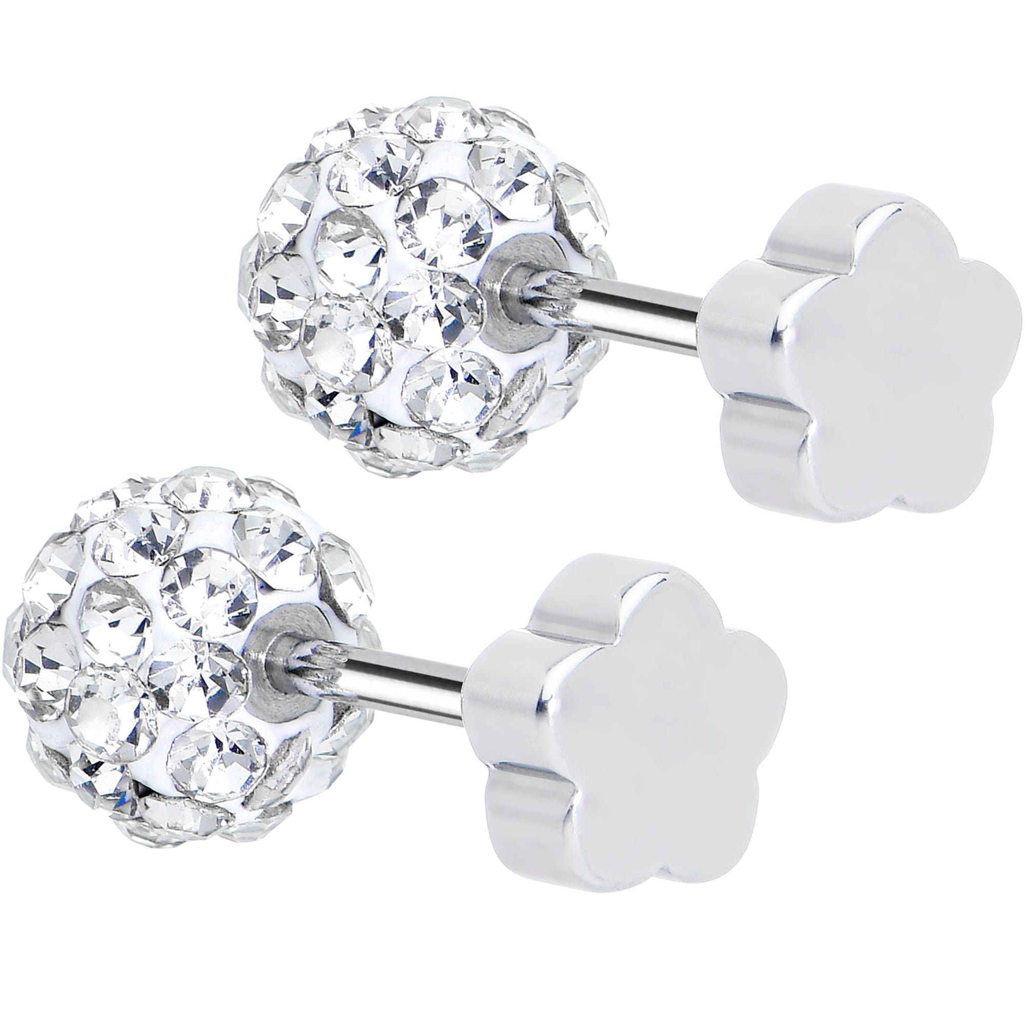 Surgical steel flower earrings crystal ball screw back design