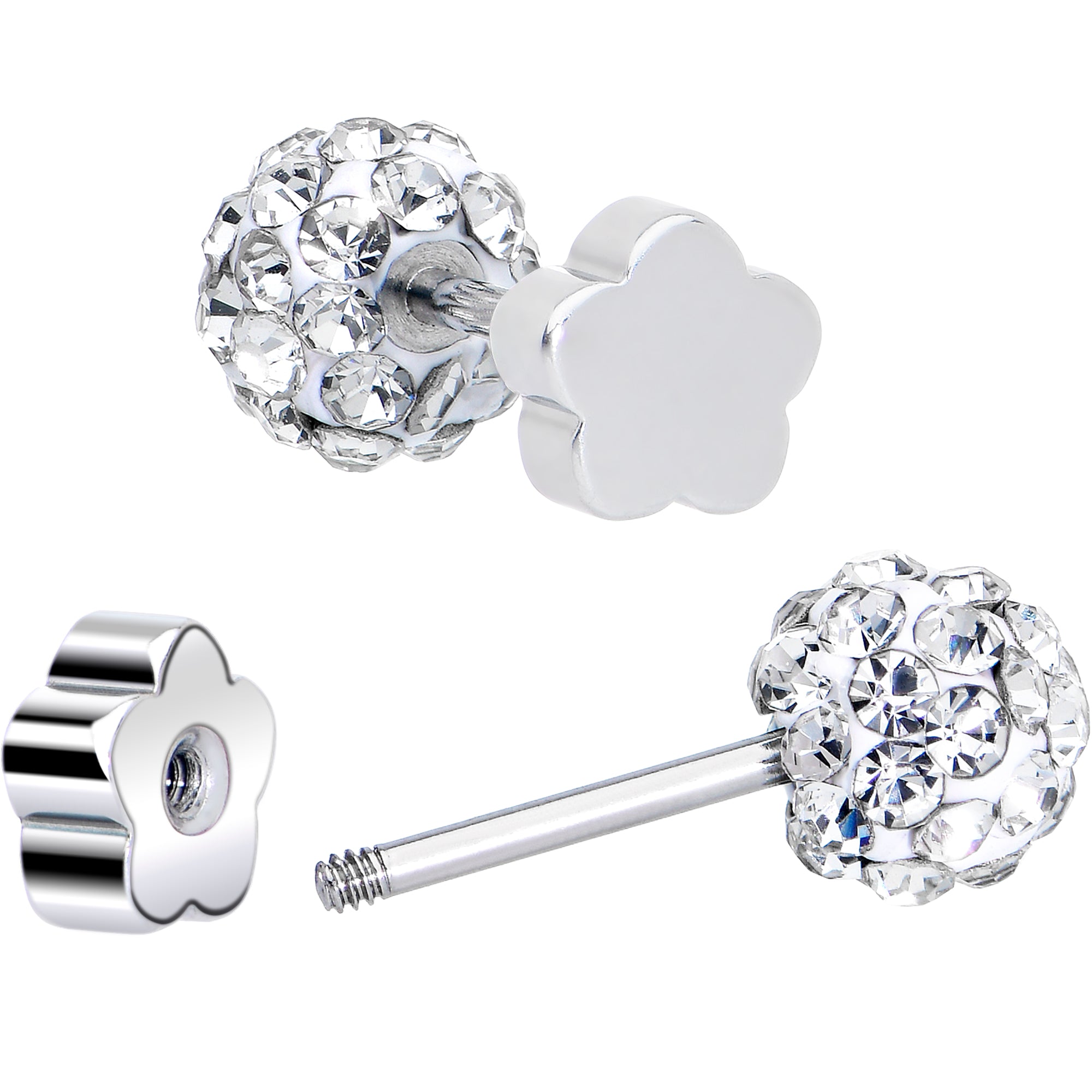 Flower crystal ball earrings screw back ferido surgical steel