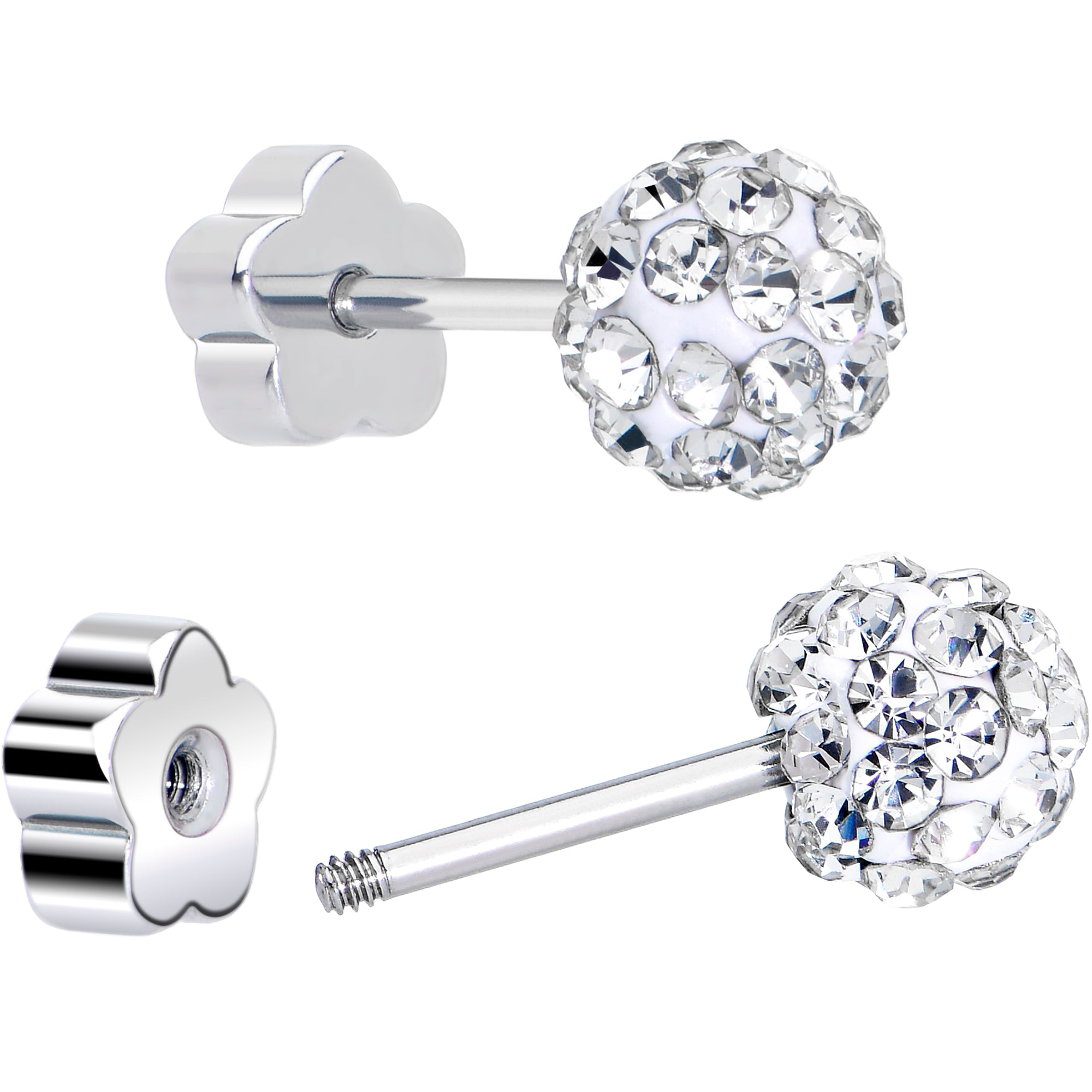Screw back crystal ball flower earrings surgical steel studs