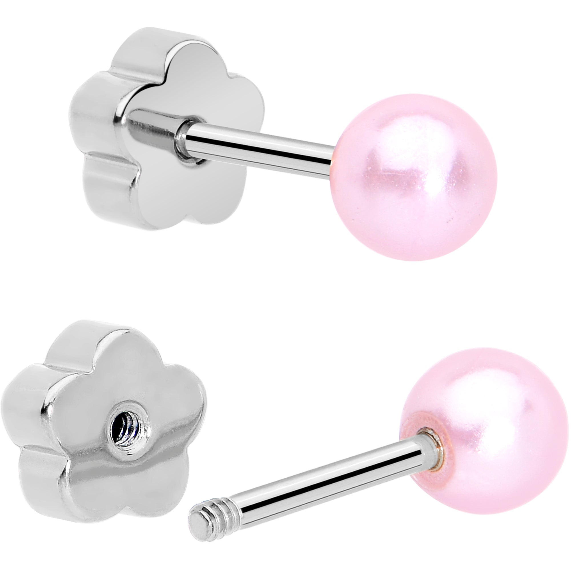 Synthetic Pearl Surgical Steel Flower Screw Back Earrings