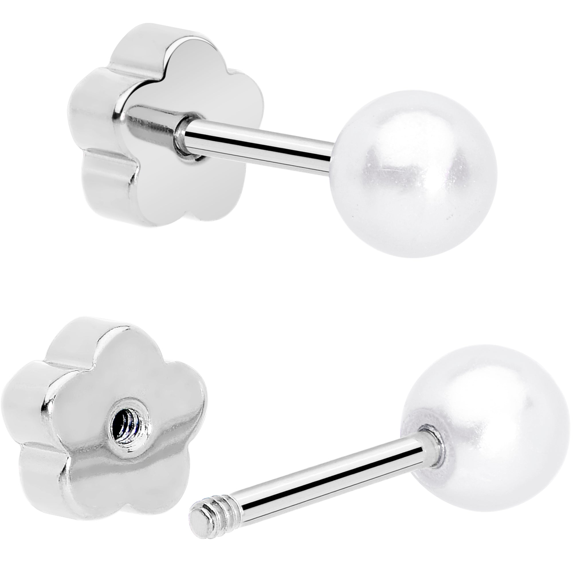Synthetic Pearl Surgical Steel Flower Screw Back Earrings
