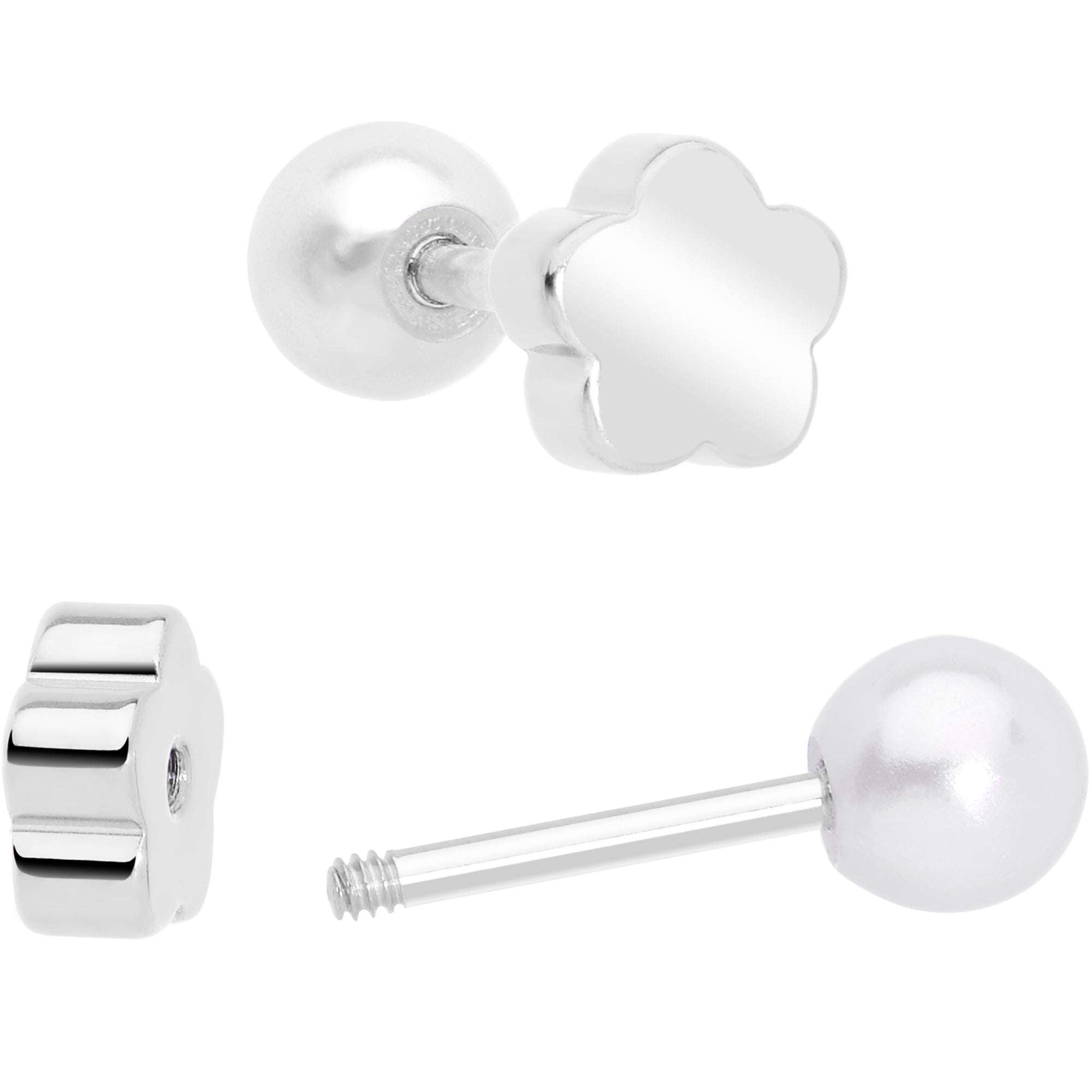 Flower Design Synthetic Pearl Screw Back Stud Earrings Steel