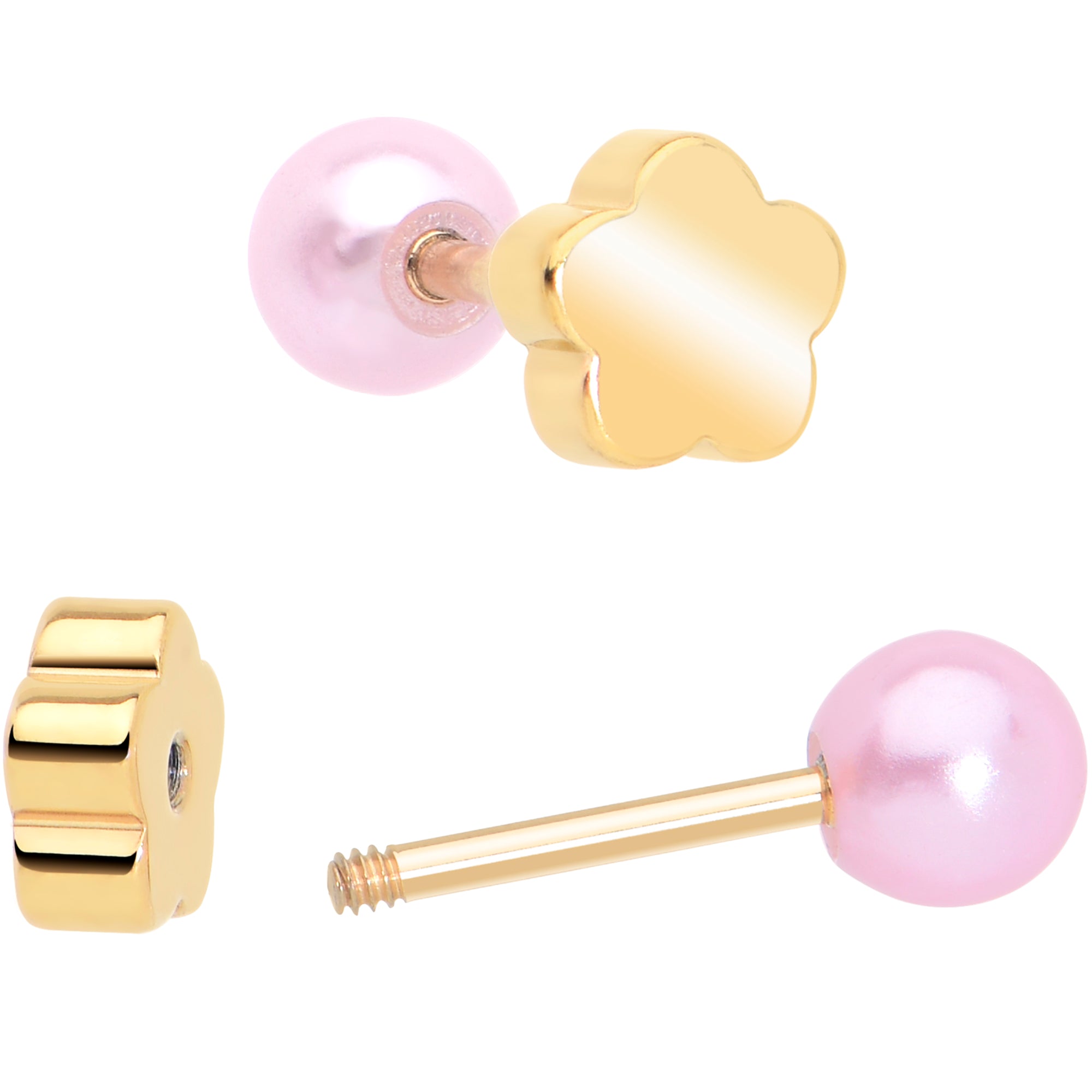 Synthetic Pearl Steel Flower Earrings Screw Back Stud Design