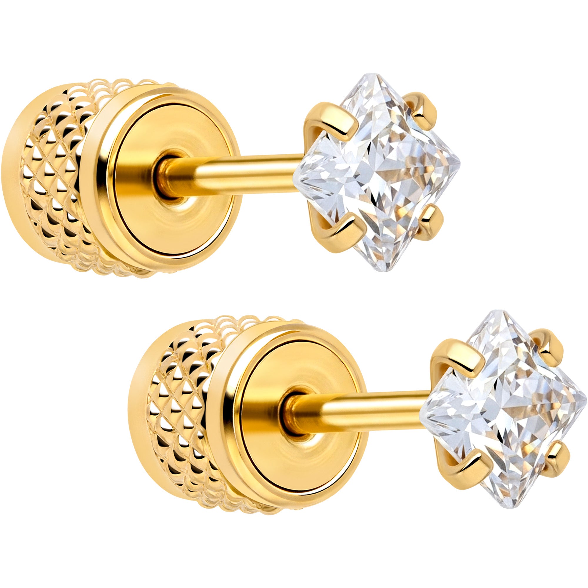 Square Cubic Zirconia 316L Surgical Steel Cylinder Back Earrings - 3mm to 7mm