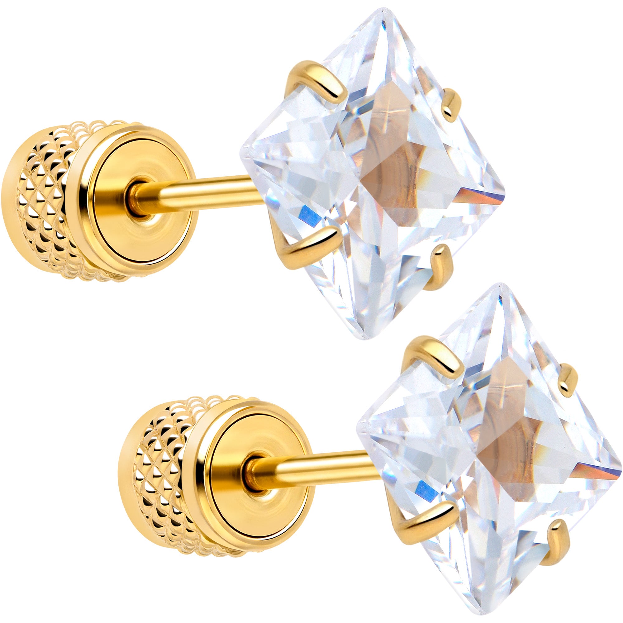Square Cubic Zirconia 316L Surgical Steel Cylinder Back Earrings - 3mm to 7mm