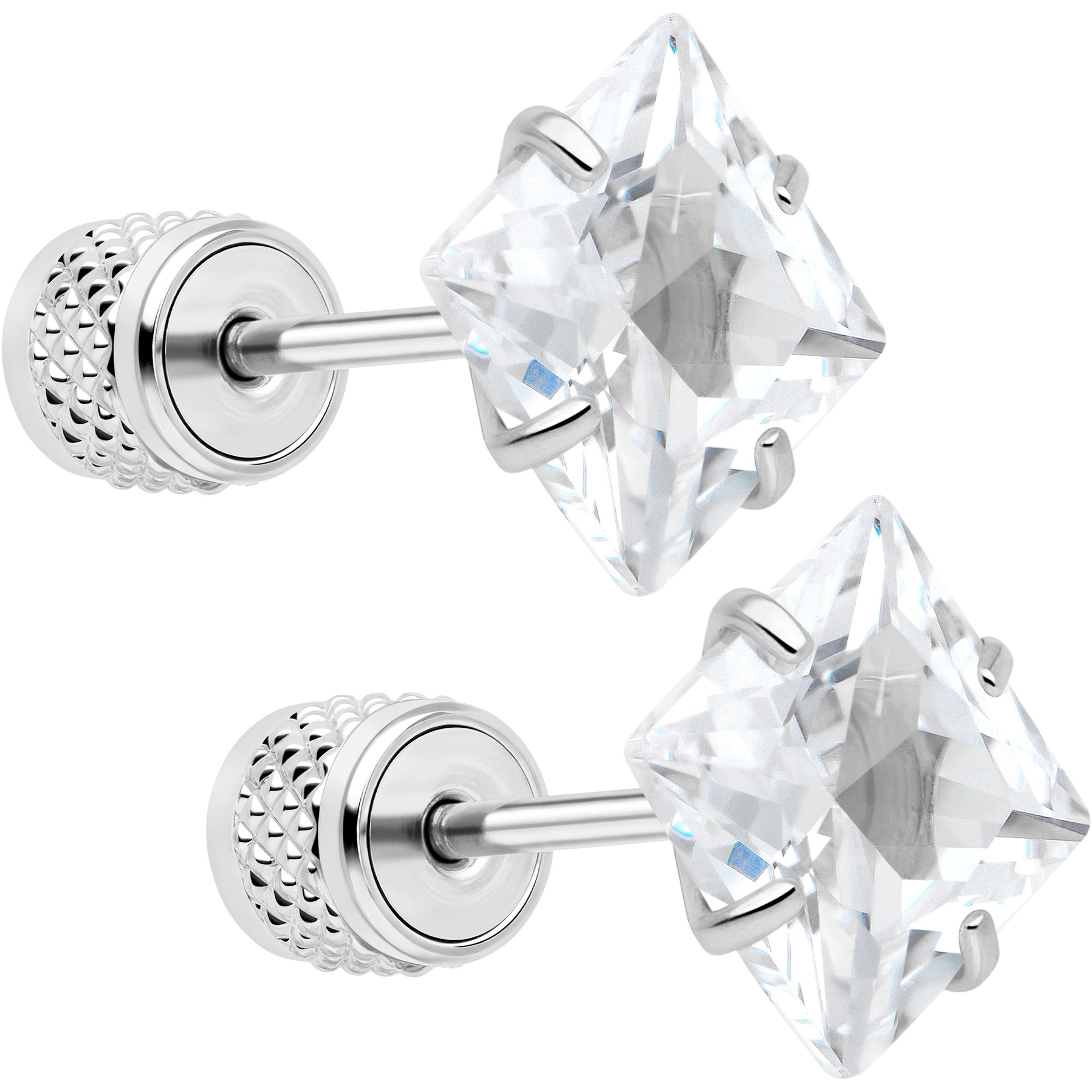 Square Cubic Zirconia 316L Surgical Steel Cylinder Back Earrings - 3mm to 7mm