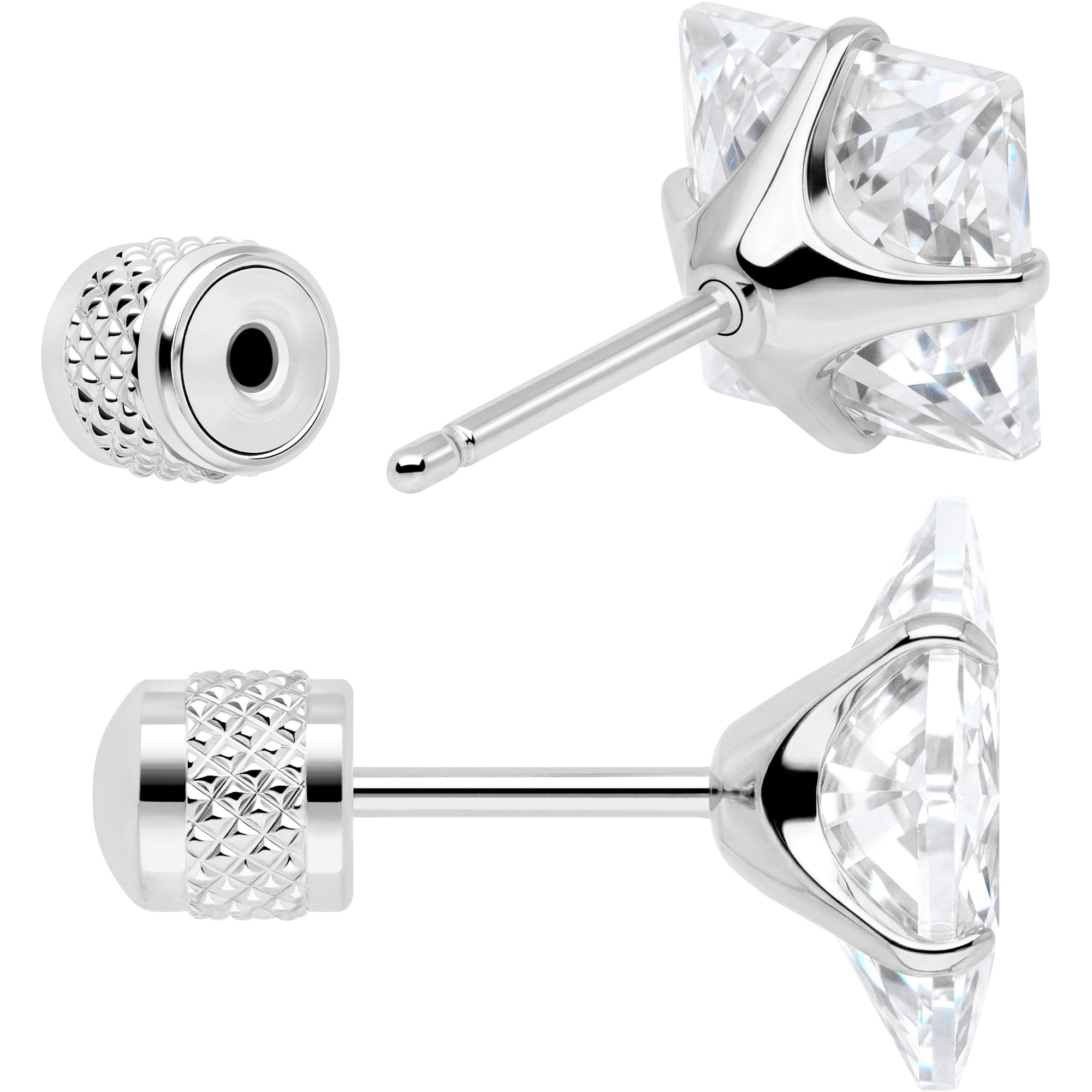 Square CZ Cylinder Back Earrings Hypoallergenic Surgical Steel 7mm
