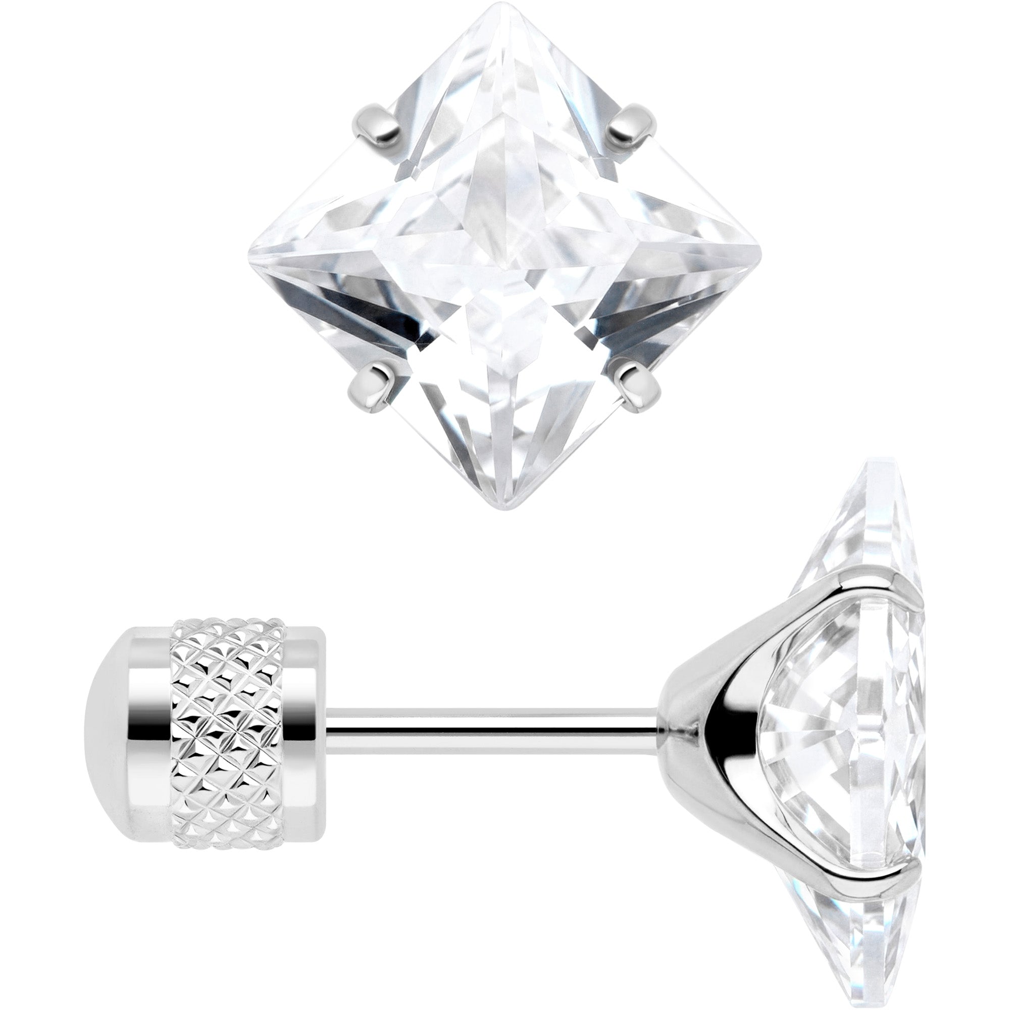 316L Surgical Steel Square Earrings Cubic Zirconia Cylinder Back Studs